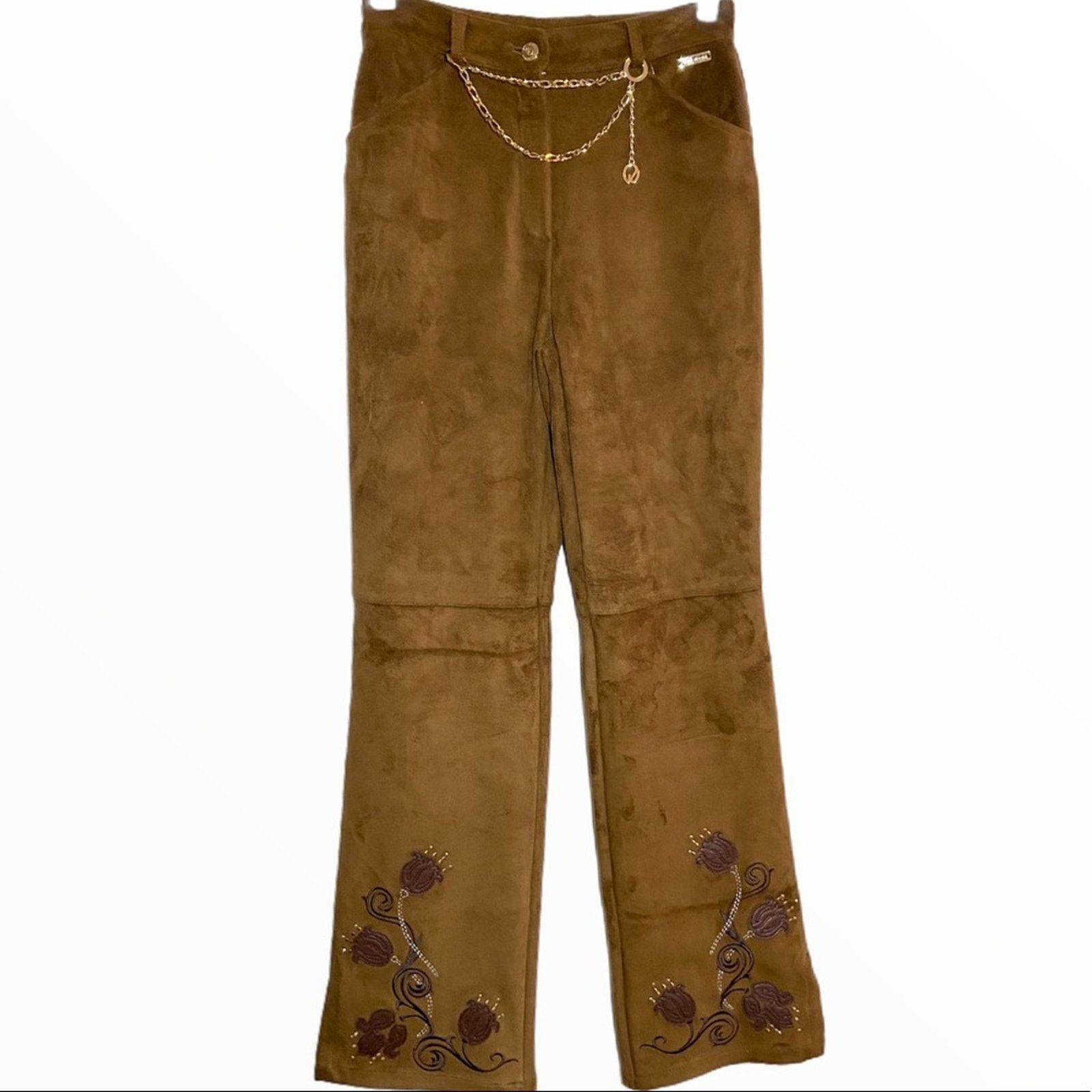 image of St. John Sport Suede Pants Leather Floral Design Vintage Y2K in Tan, Women's (Size 26)