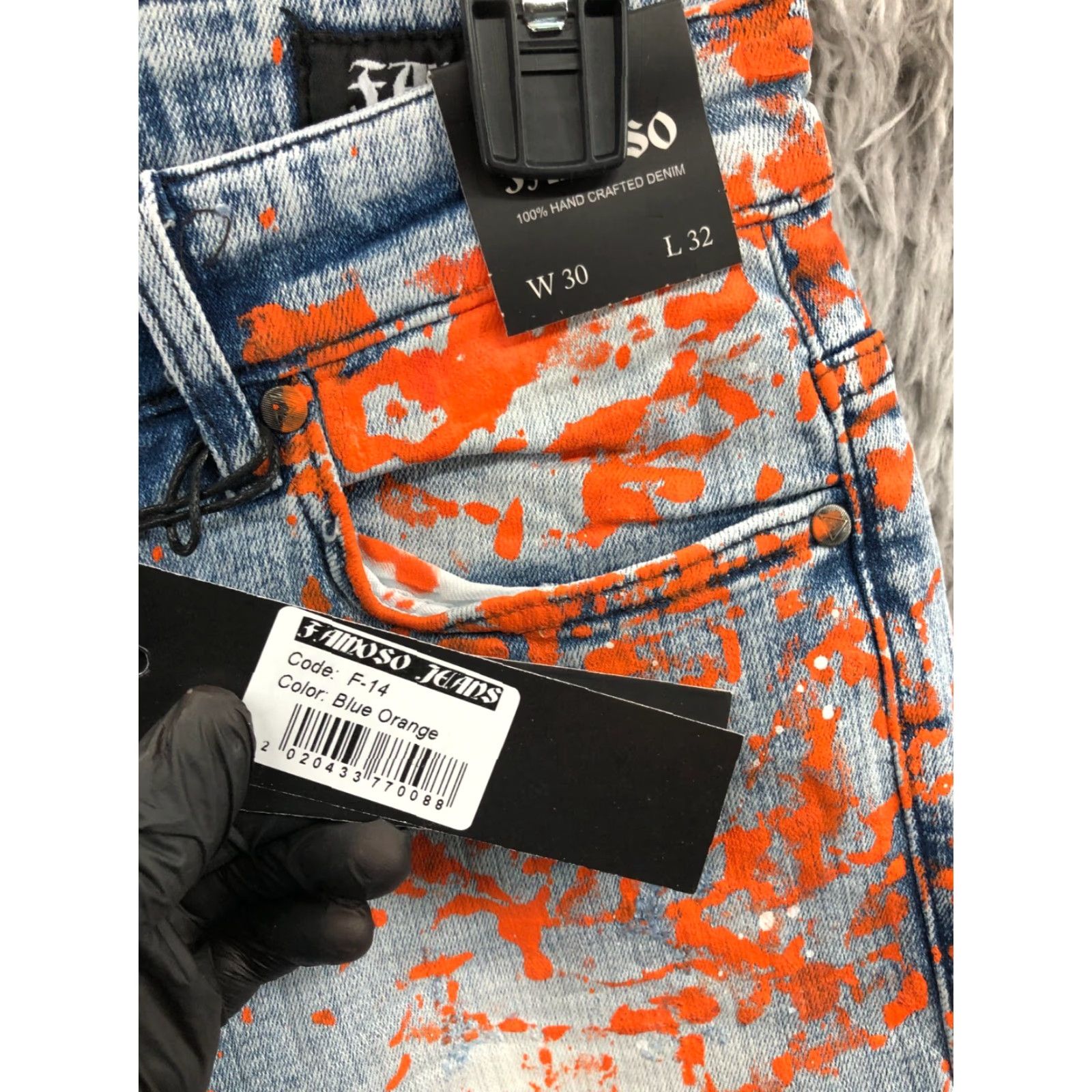 Vintage Famoso Jeans Slim Tapered 30x32 Mens Blue Orange Paint Splotch Distressed Denim 5-Pocket Classic Modern Vintage No Size US 30 / EU 46 - 3 Thumbnail