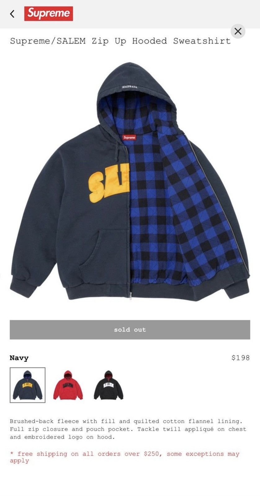 Supreme/ SALEM Zip Up Hooded Sweatshirt