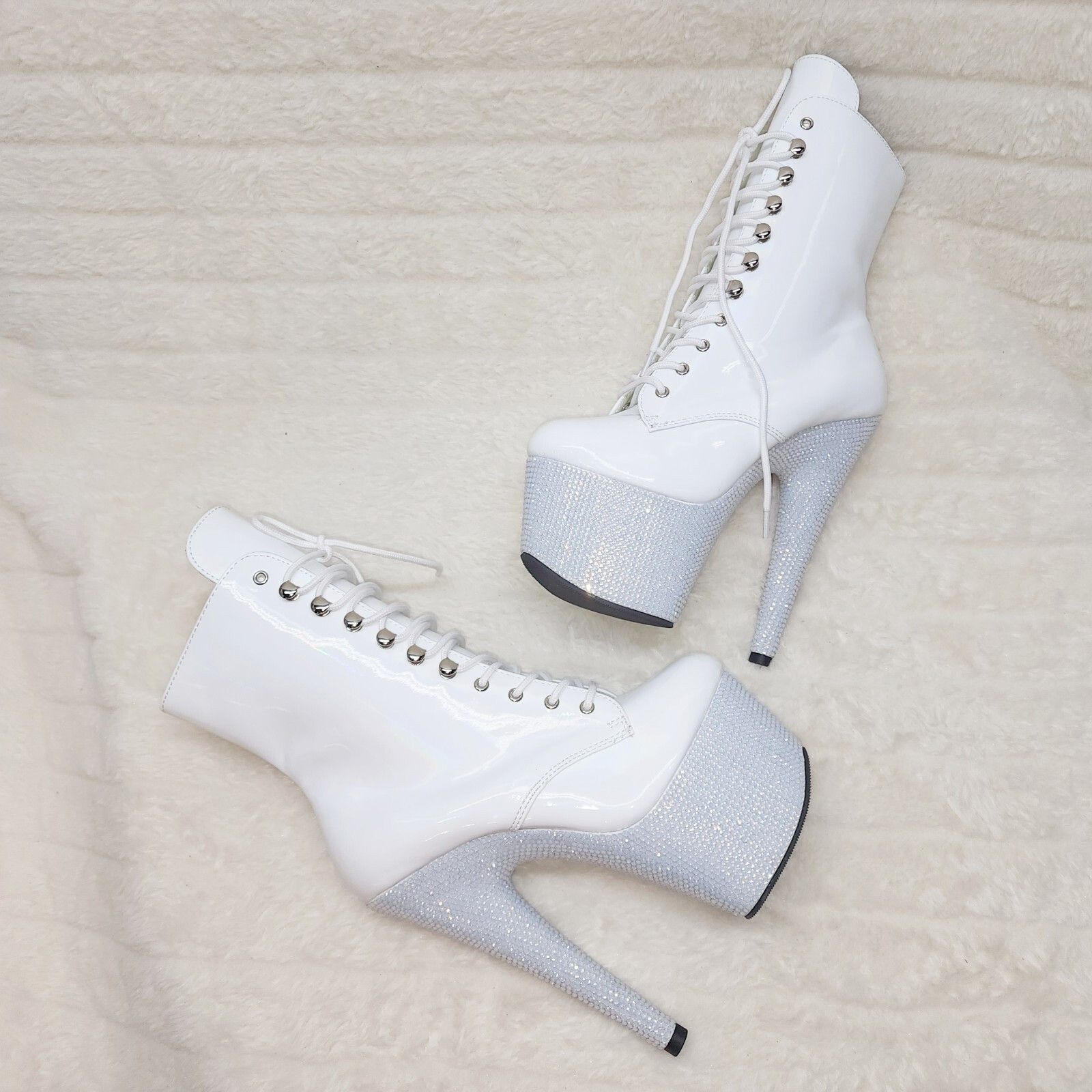 Other Bejeweled White Rhinestone Platform Lace Up Ankle Boots 7" H Size US 6 / IT 36 - 4 Thumbnail