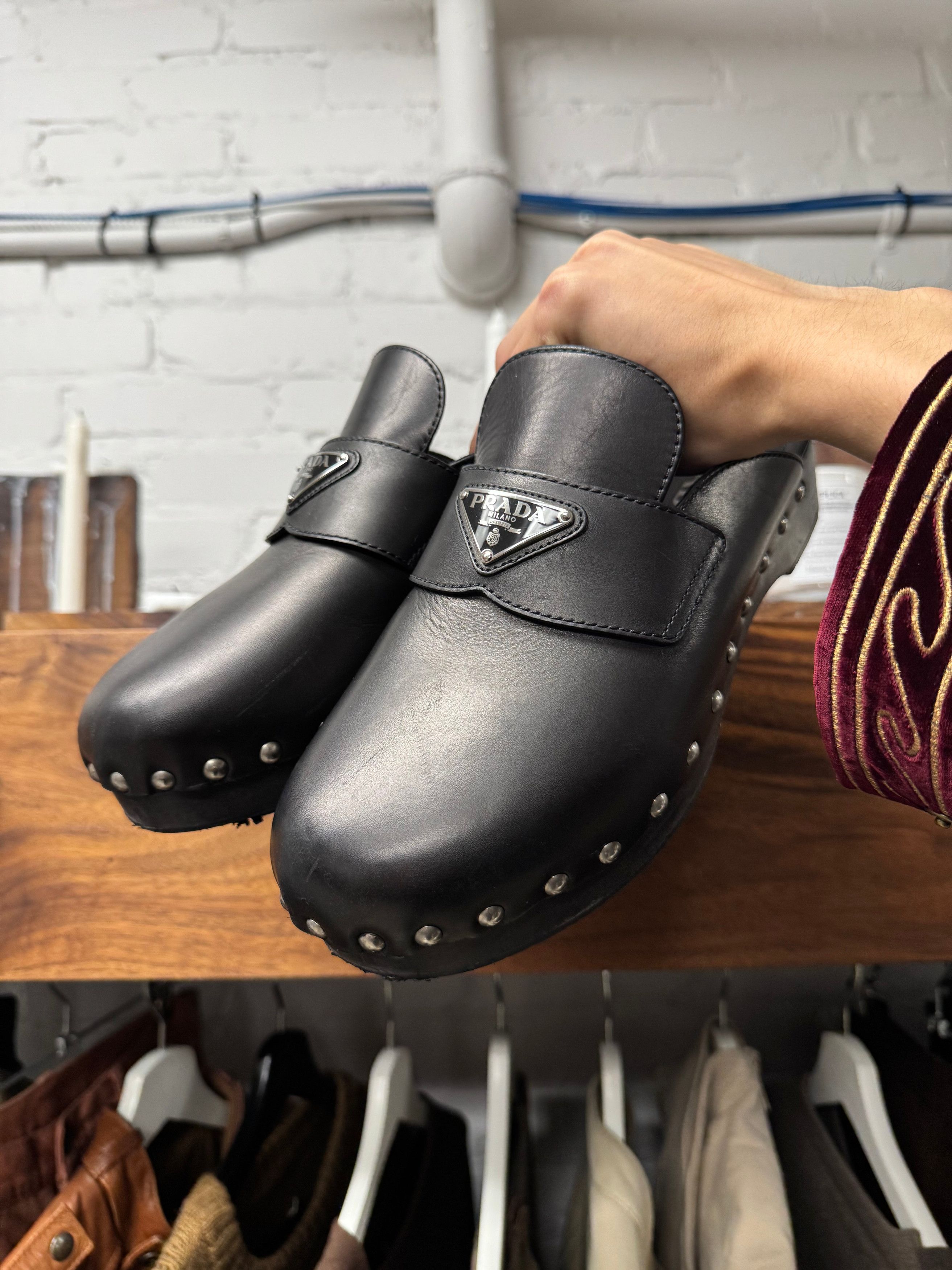 Prada Prada Leather Studded Wood Sole Clogs Size US 9 / EU 42 - 1 Thumbnail
