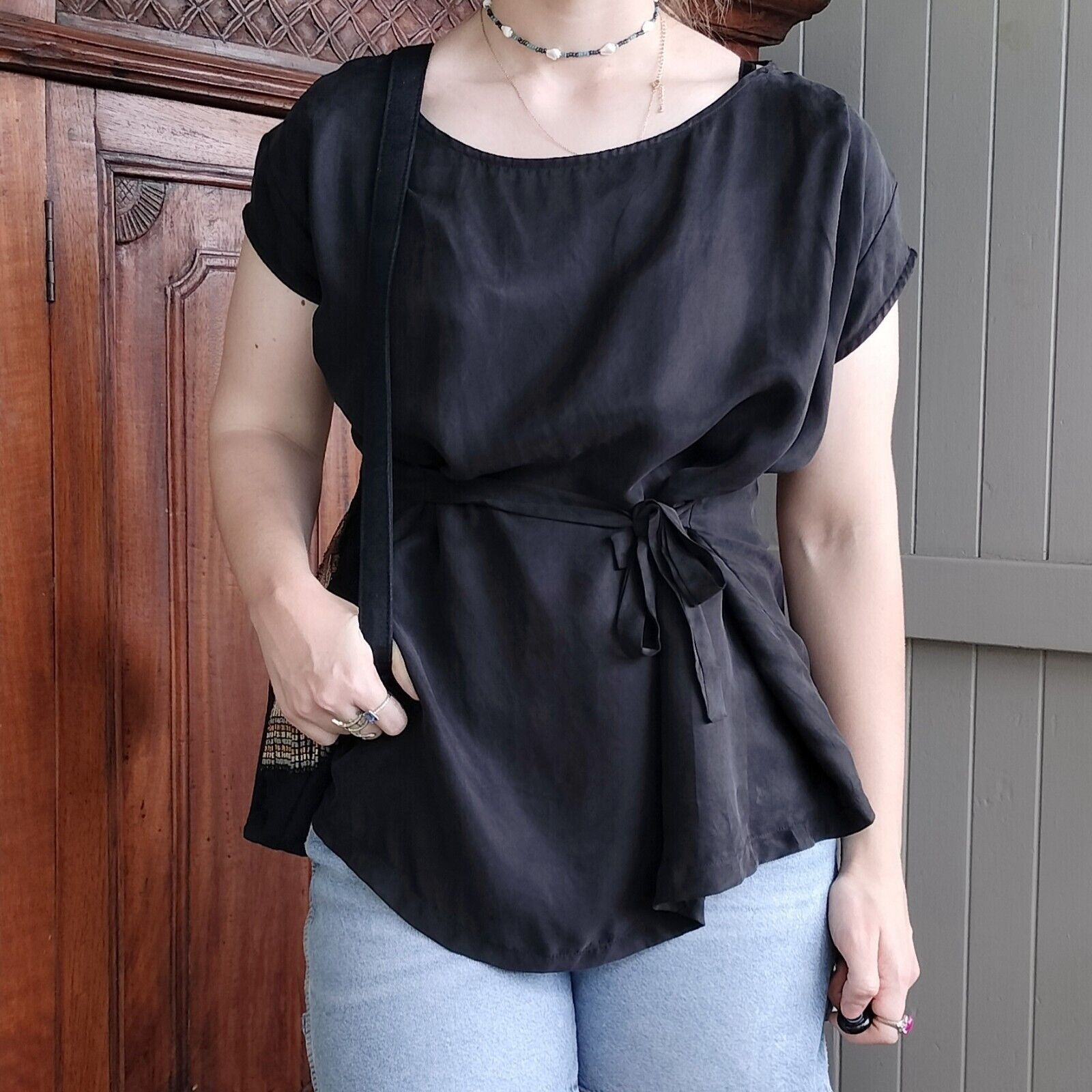 Japanese Brand Paqoda Blouse Short Sleeve Pleated Faux Suede Tie Waist Size ONE SIZE - 1 Thumbnail