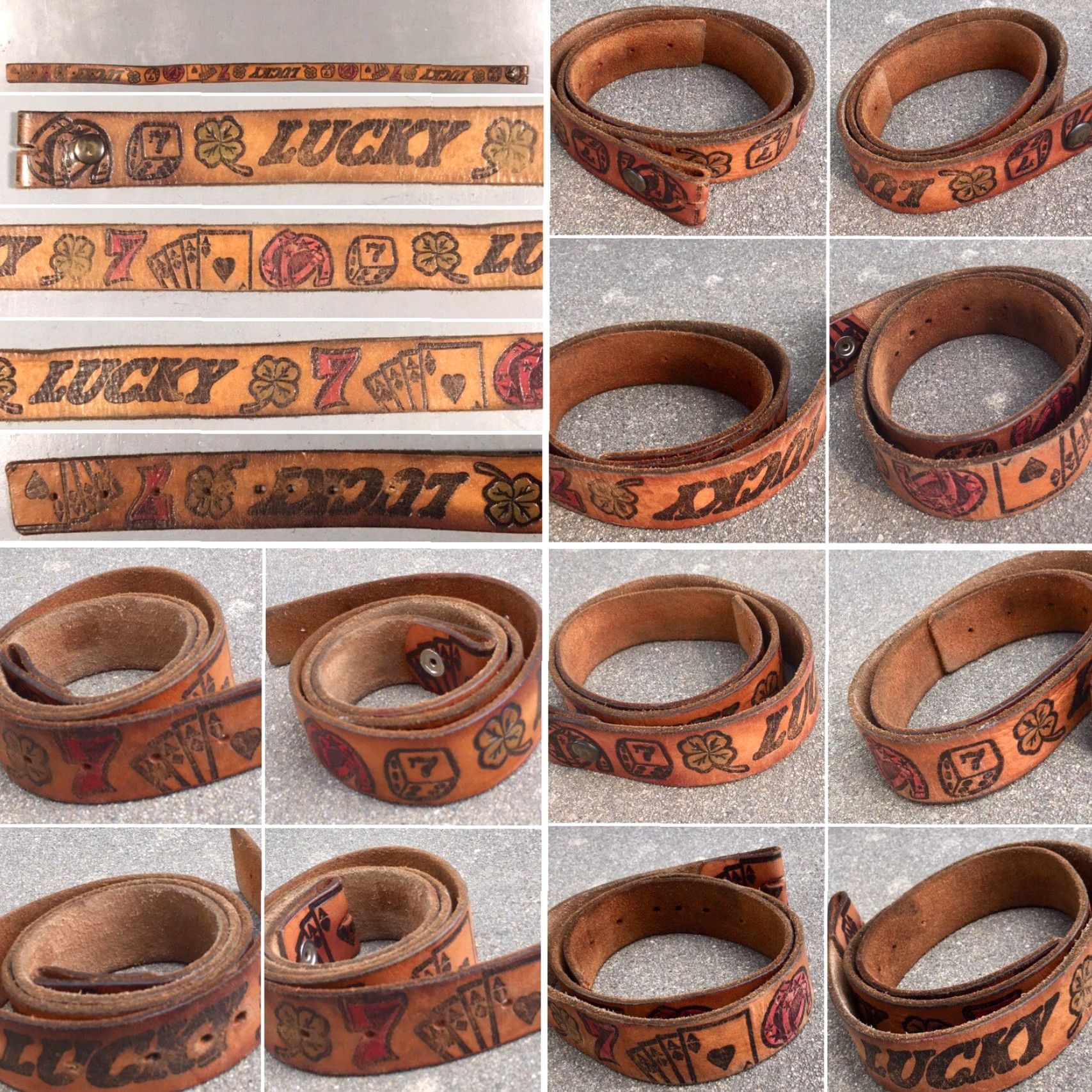 Vintage VINTAGE Tooled Leather Belt Gambling Theme Lucky 7 Clover Cards Horse Shoe Dice Brown Leather Adult Unisex Casual Rockabilly Size ONE SIZE - 6 Thumbnail
