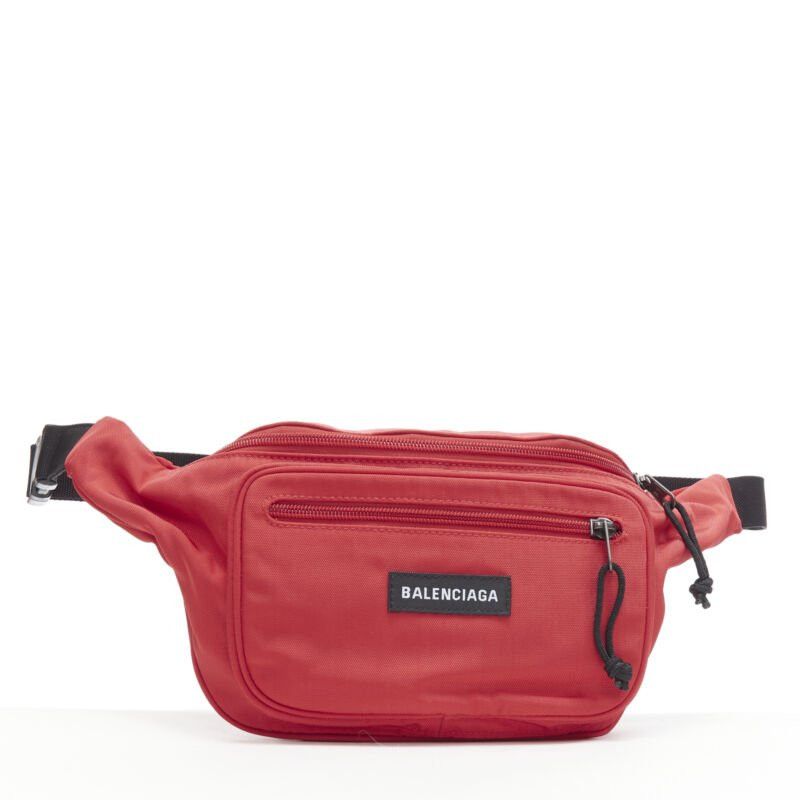 new BALENCIAGA DEMNA red logo dual pocket nylon black waist belt crossbody bag