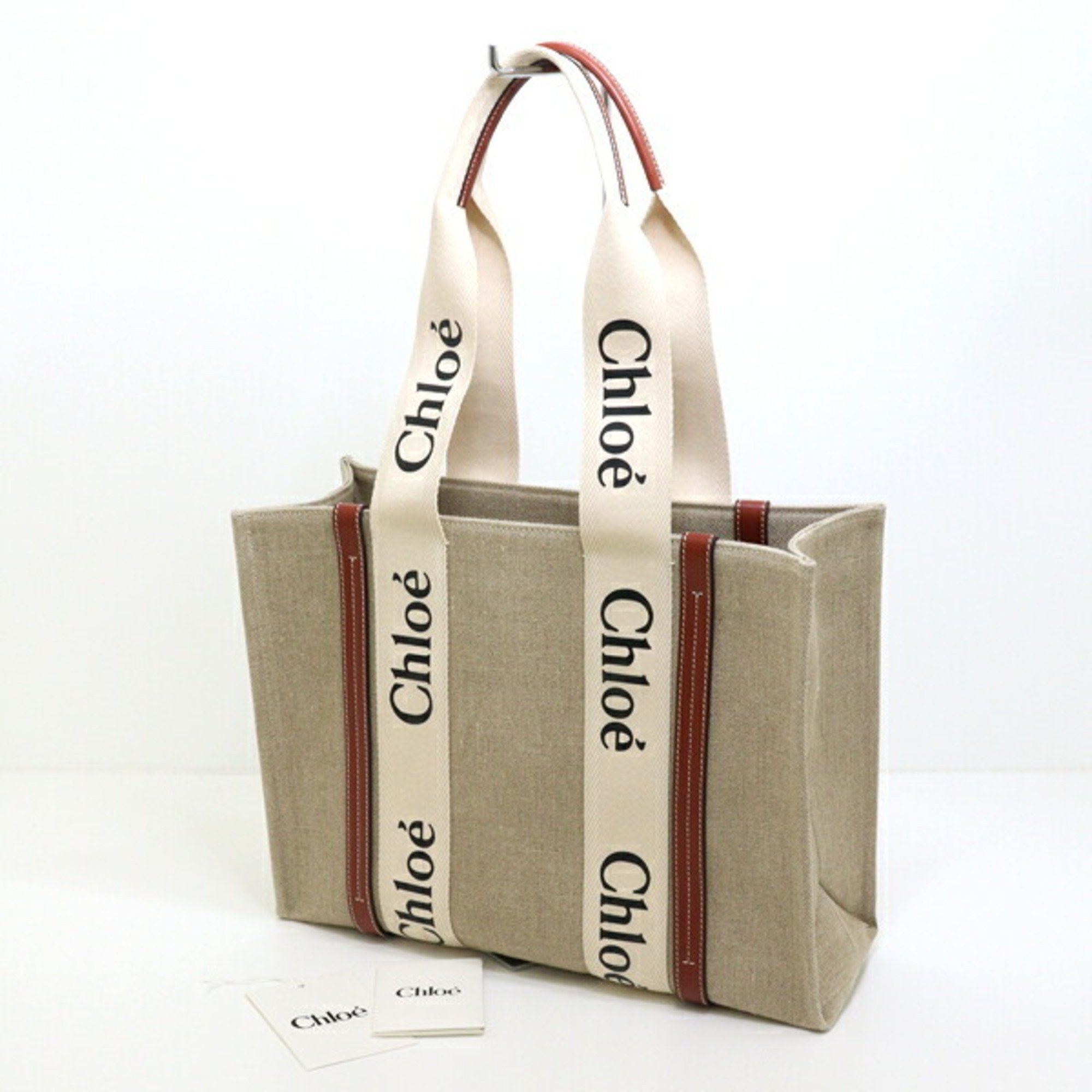 Chloé Chloe Woody Linen Tote Bag CHC22AS383I2690U Beige/Brown