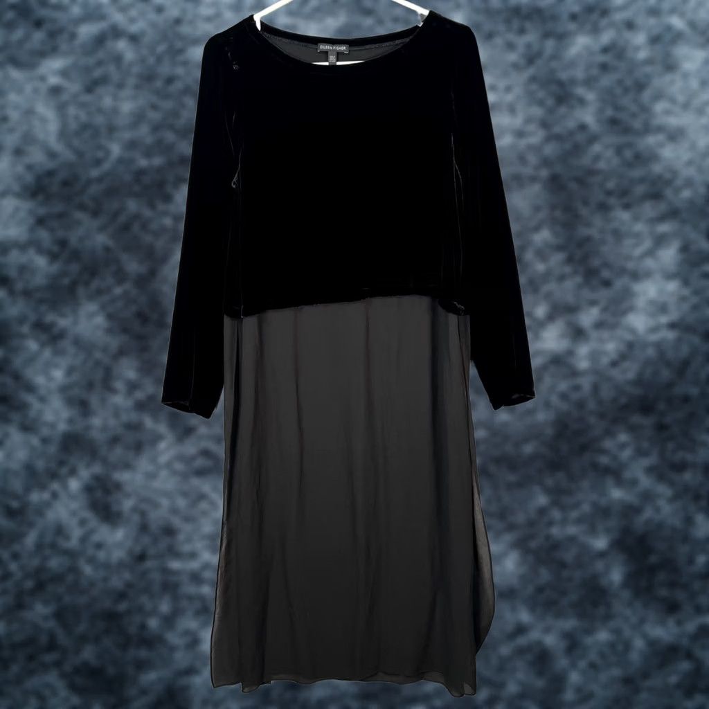 Eileen Fisher Eileen Fisher Womens XS Black Velvet & Silk Sheer Long Sleeve Midi Dress Size XS / US 0-2 / IT 36-38 - 1 Thumbnail