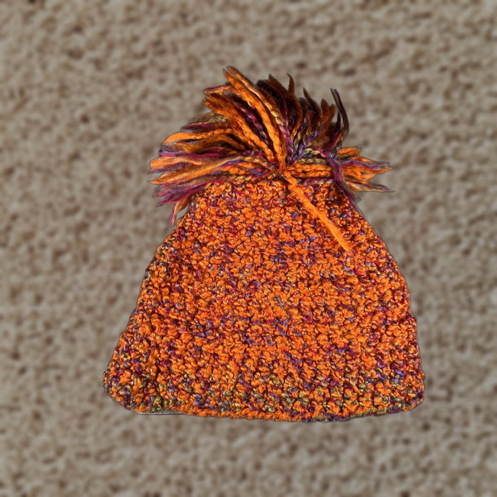 Vintage Handmade Beanie Hat Adult One Size Orange Crochet Knit Acrylic Fuzzy Ski Pom Beanie - Womens Everyday Knit Size ONE SIZE - 1 Thumbnail