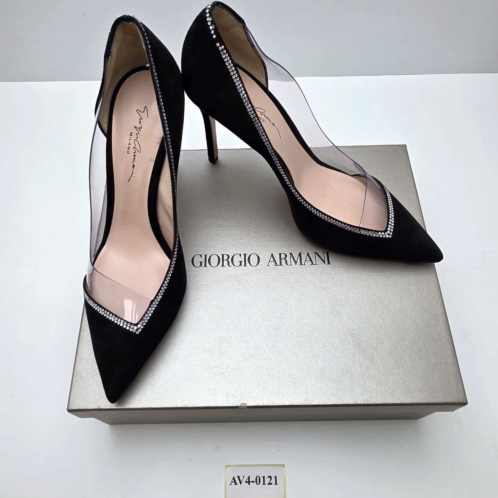 Giorgio Armani Giorgio Armani Pumps in Suede & PVC Size 39 - Asymmetric Strass Beaded Pointed Toe Stiletto Heel, Black, Women's Pump Display Piece Size US 9 / IT 39 - 6 Thumbnail