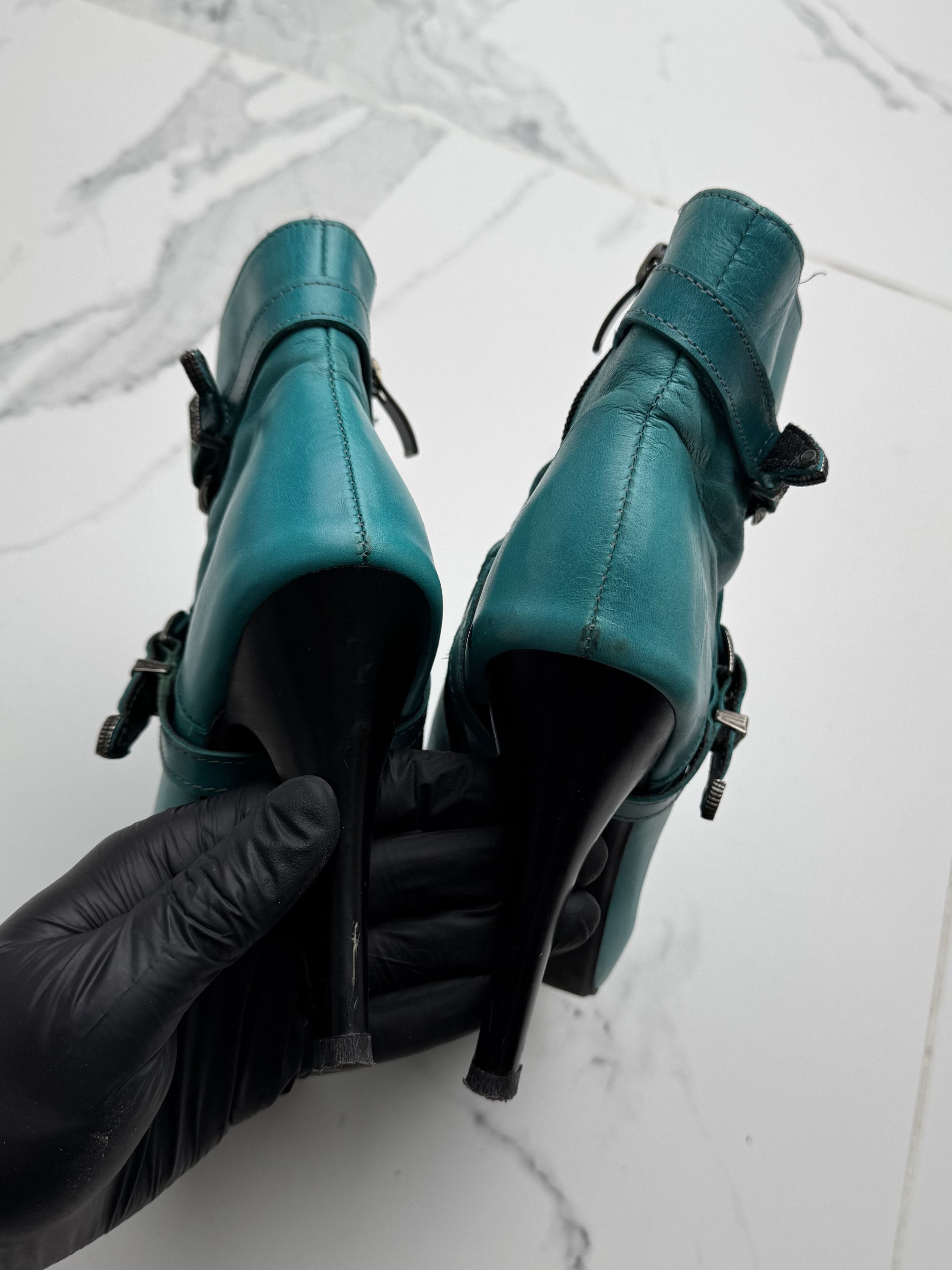 Vintage Y2K Turquoise High Heel Ankle Boots Leather Buckle Booties Size US 6 / IT 36 - 7 Thumbnail