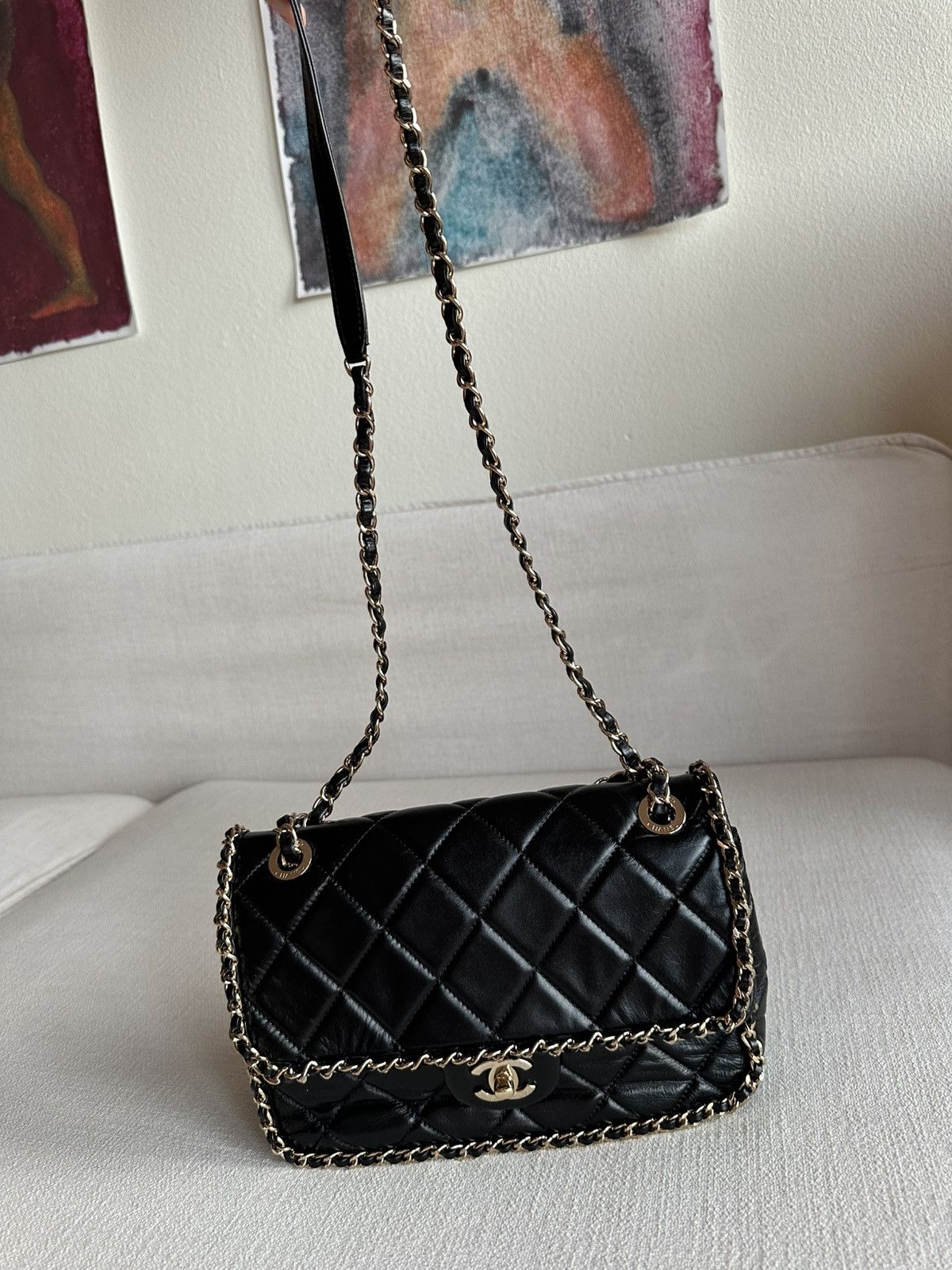 Chanel CHANEL Crumpled Calfskin Medium Chain All Over Flap Black Size ONE SIZE - 2 Thumbnail