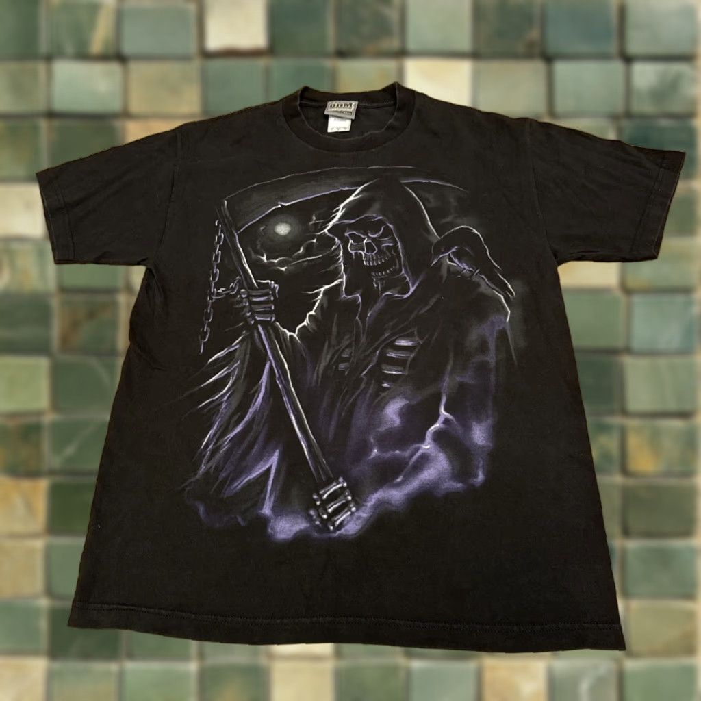 Vintage VTG ODM Y2K Grim Reaper Macabre Graphic Print Black L T Shirt Skull Dark Death Unisex Adults Size US L / EU 52-54 / 3 - 1 Thumbnail
