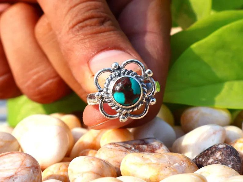 Handmade Turquoise Silver Ring, Flower Gemstone, December Birthstone Size ONE SIZE - 5 Thumbnail