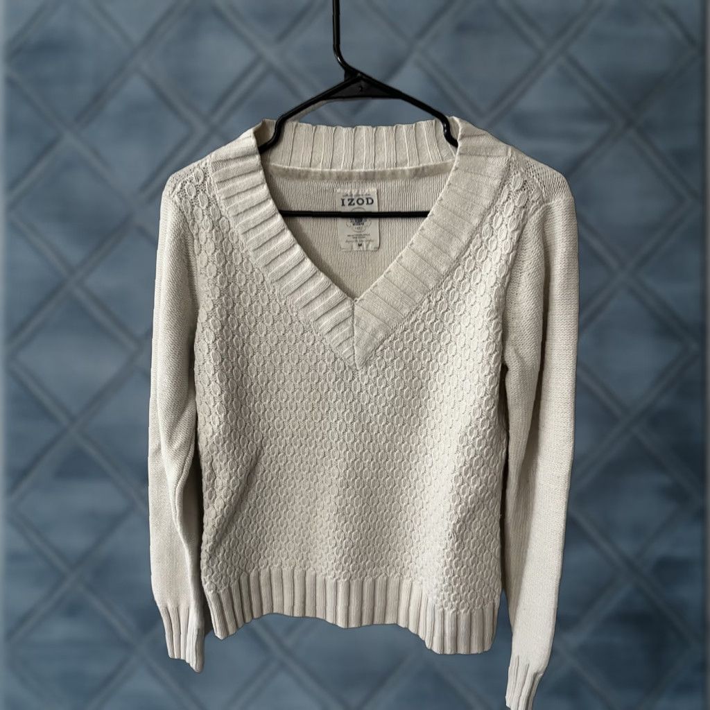 Izod VINTAGE Izod Womens Ivory Balloon Sleeve V Neck Tight Knit Pullover Sweater Size M Size M / US 6-8 / IT 42-44 - 1 Thumbnail