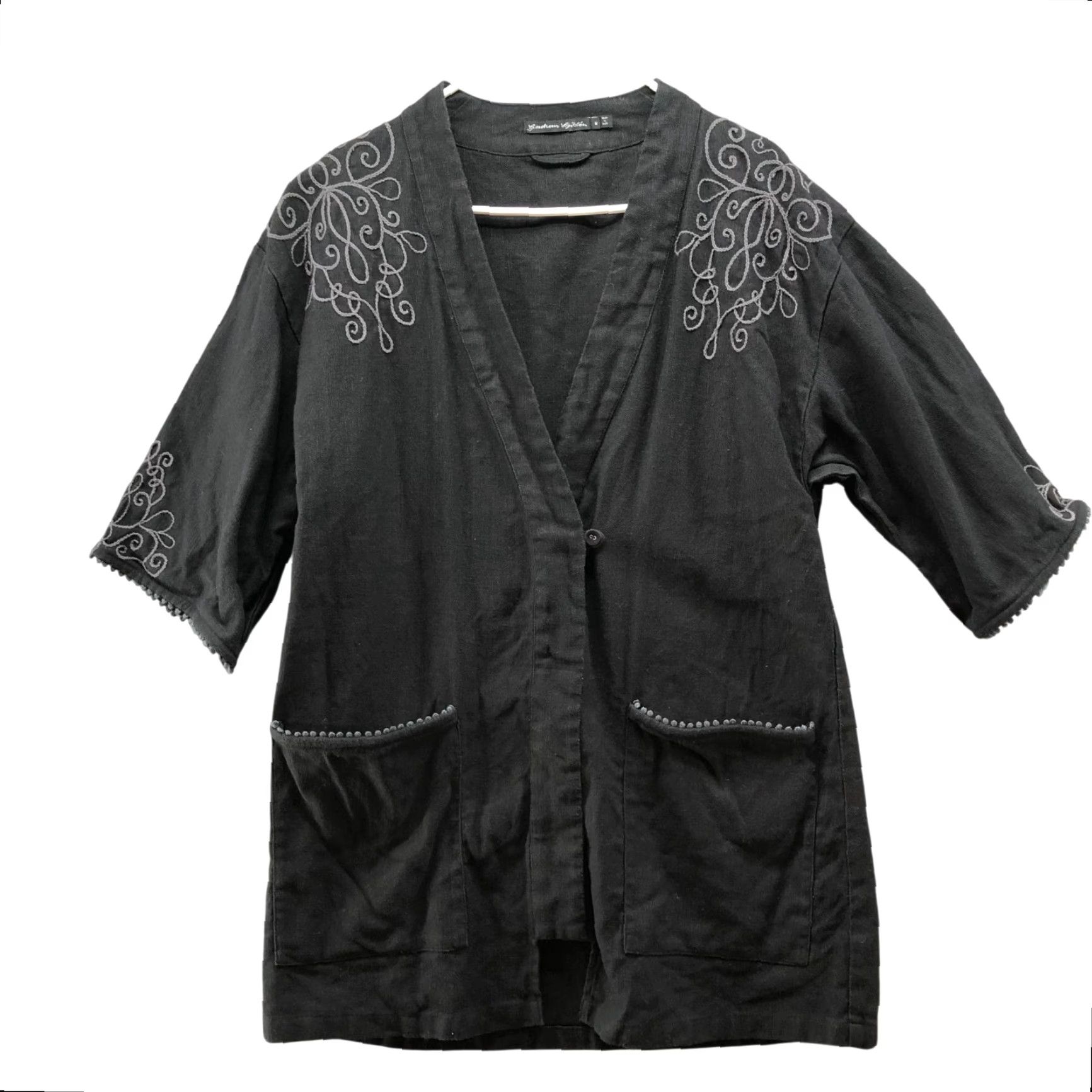 Vintage Gudrun Sjödé Cotton Linen Cardigan Jacket Womens M Embroidered Black Kimono Size M / US 6-8 / IT 42-44 - 2 Thumbnail