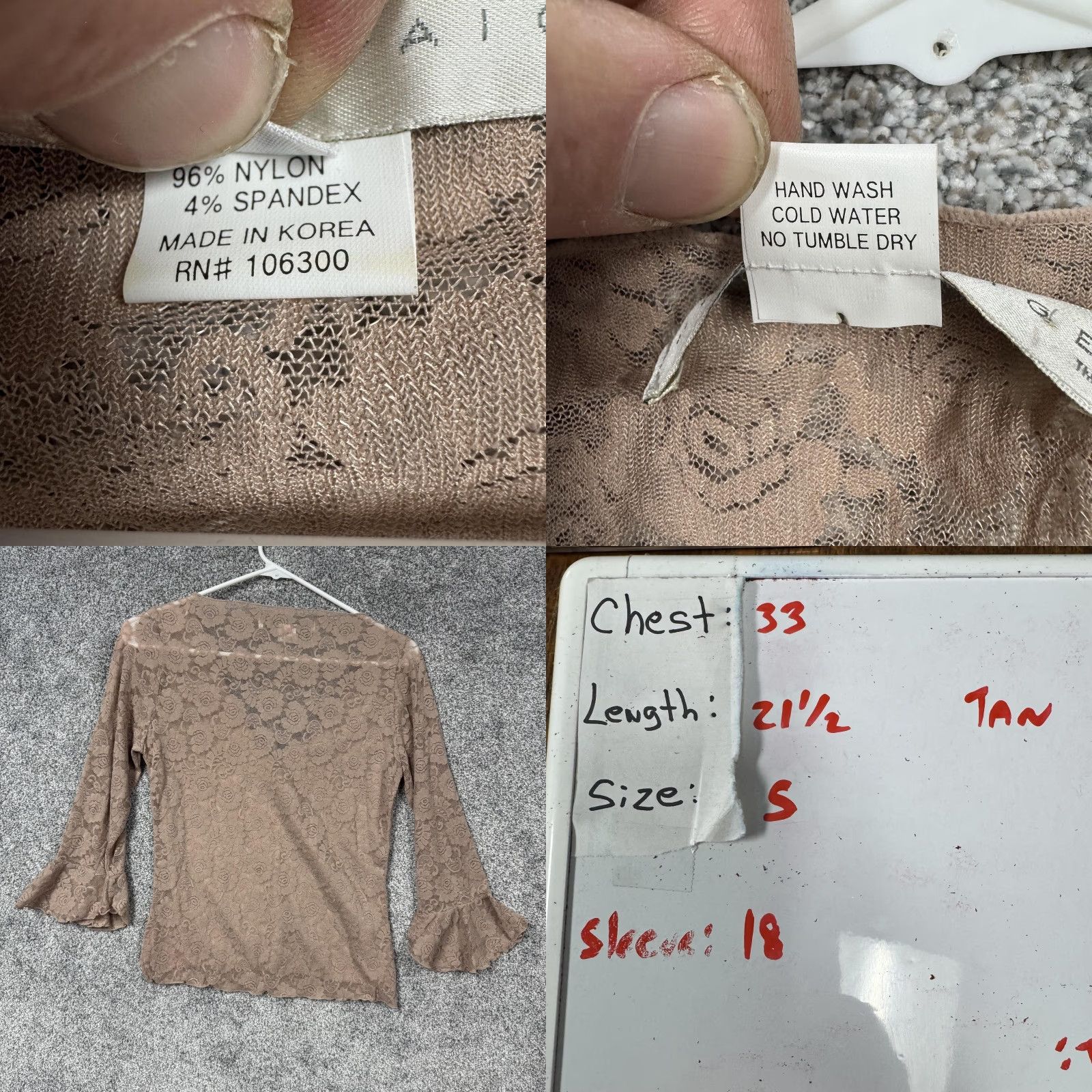 Paige VINTAGE Bette Paige Blouse S Women Bell Sleeve Lace Top Beige Floral Bohemian Fairy Gothic Retro 3/4 Sleeve V-Neck Sheer Knit Nylon Spandex Unlined Size S / US 4 / IT 40 - 8 Thumbnail