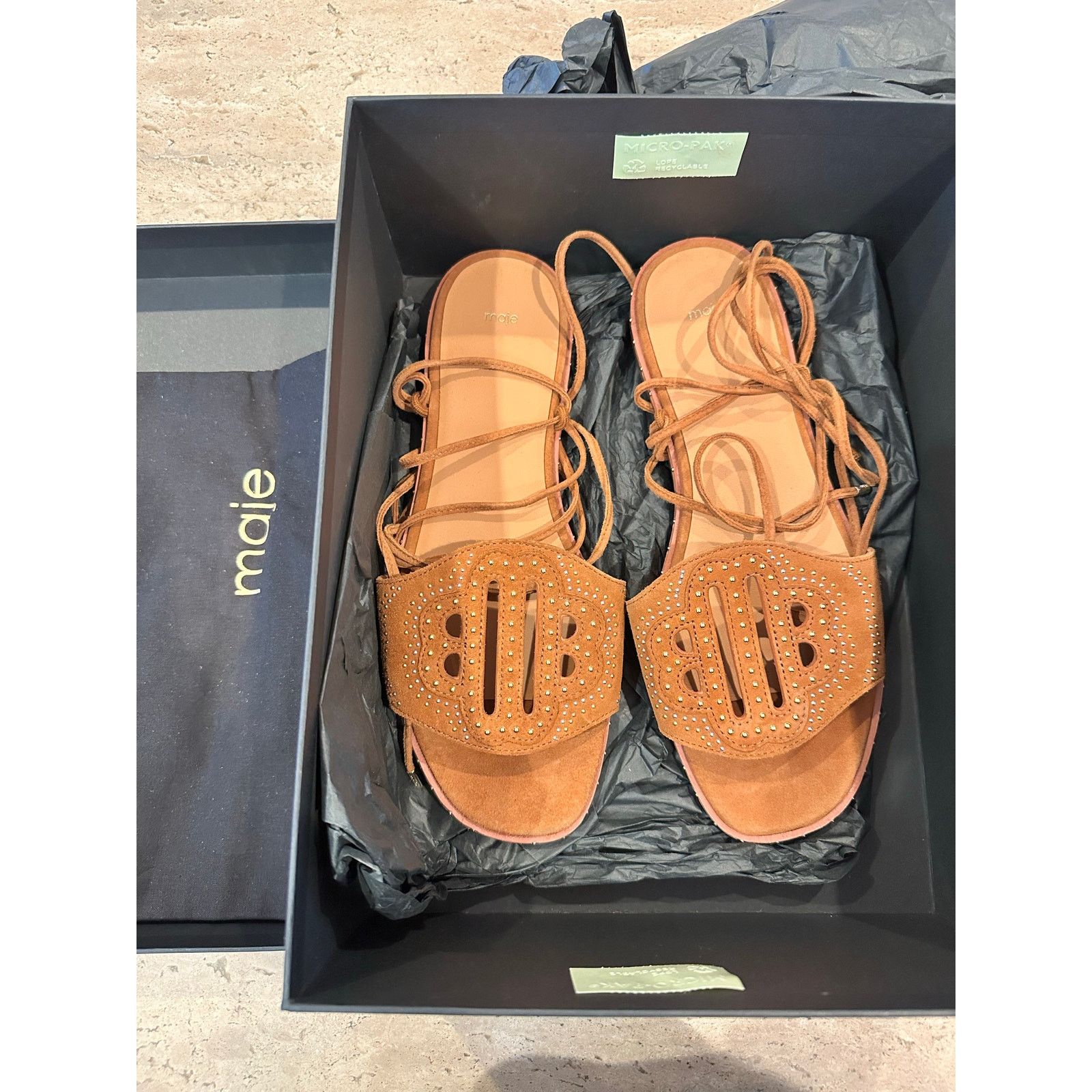 Maje NEW MAJE Flat Studded Lace Up Sandals Camel size 40 / 9.5 Size US 9.5 / IT 39.5 - 6 Thumbnail
