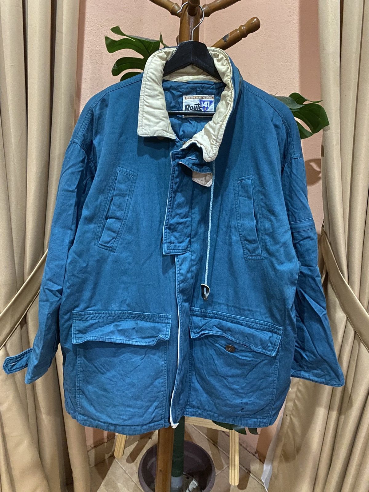 Vintage Vintage Route 141 Blue Cotton Jacket with Beige Collar Size US L / EU 52-54 / 3 - 1 Thumbnail