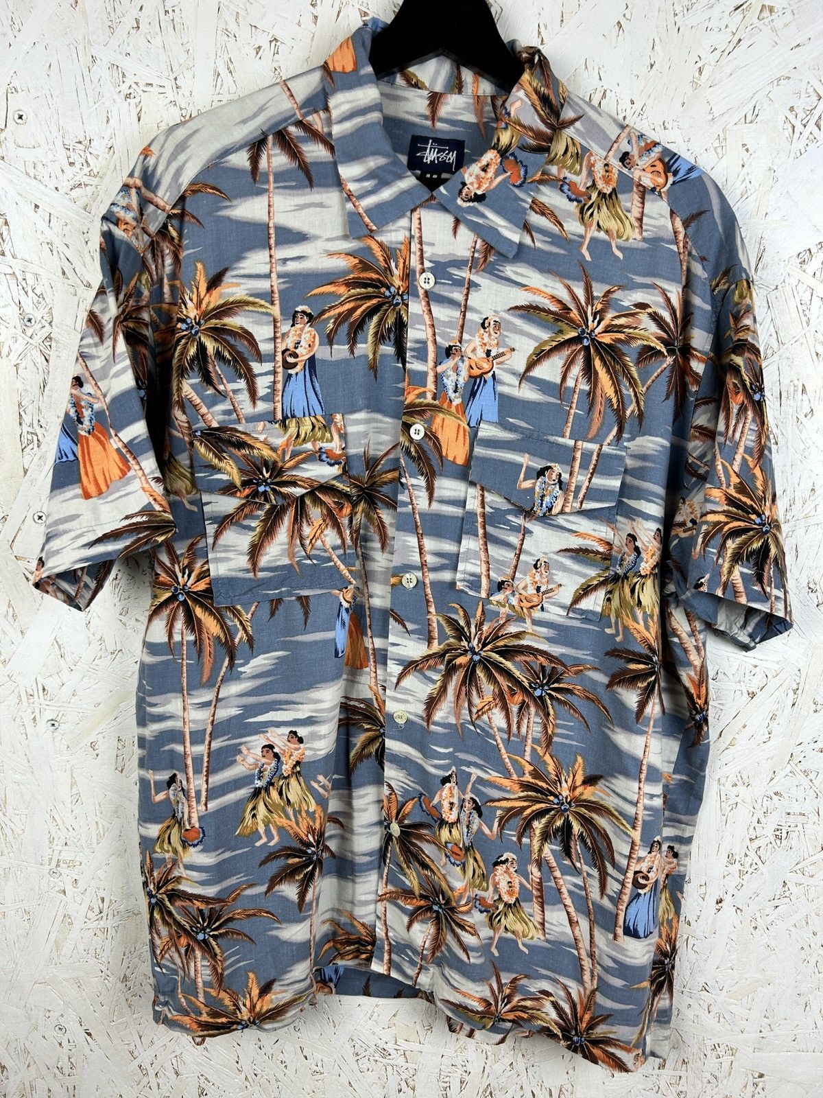 90s Vintage Stussy Hawaiian Palms Shirt Made In Usa Surfing Shirts 