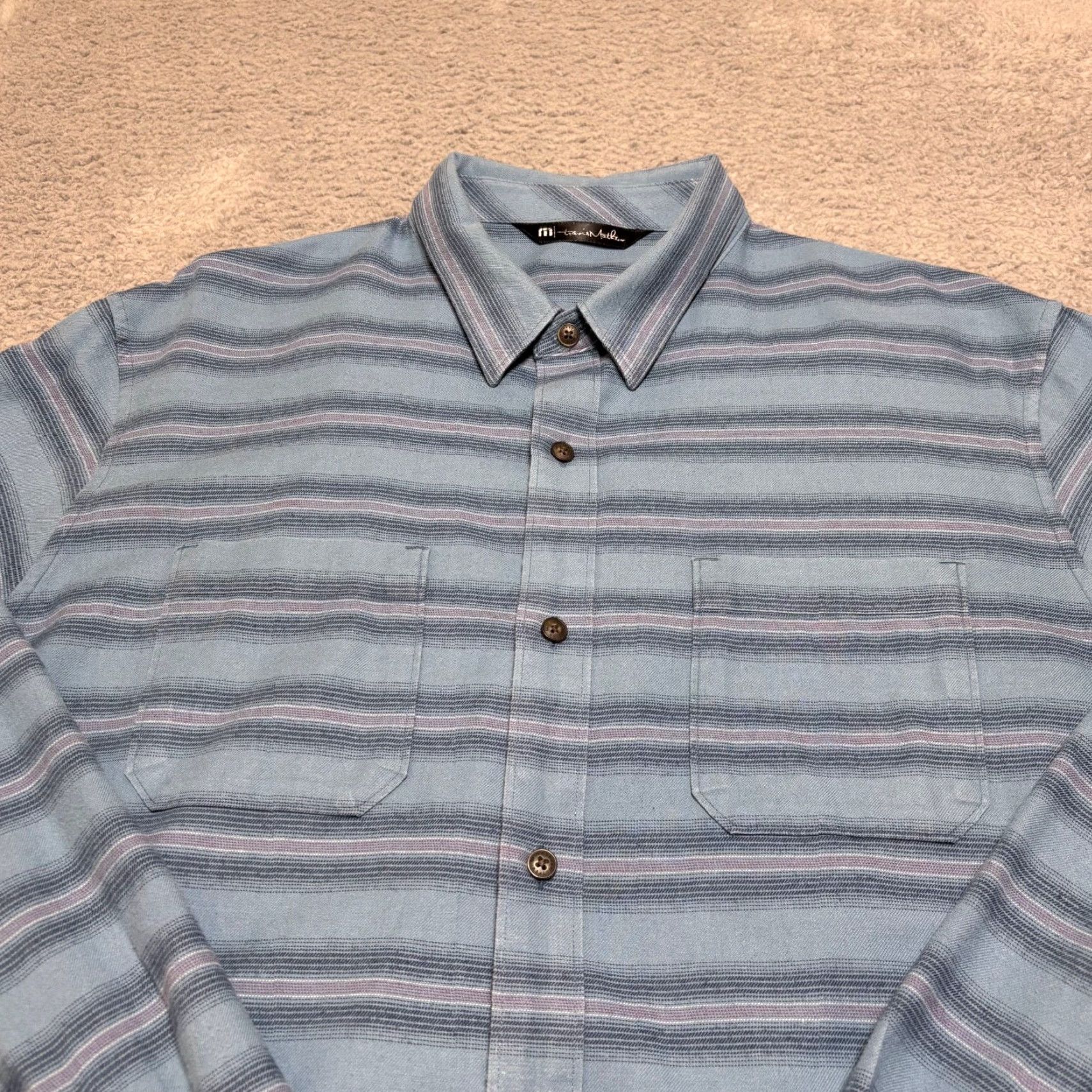 TravisMathew Travis Mathew Shirt Mens L Blue Striped Cotton Blend Long Sleeve Button-Up Casual Classic Preppy Fall Winter Sports Size US L / EU 52-54 / 3 - 2 Thumbnail