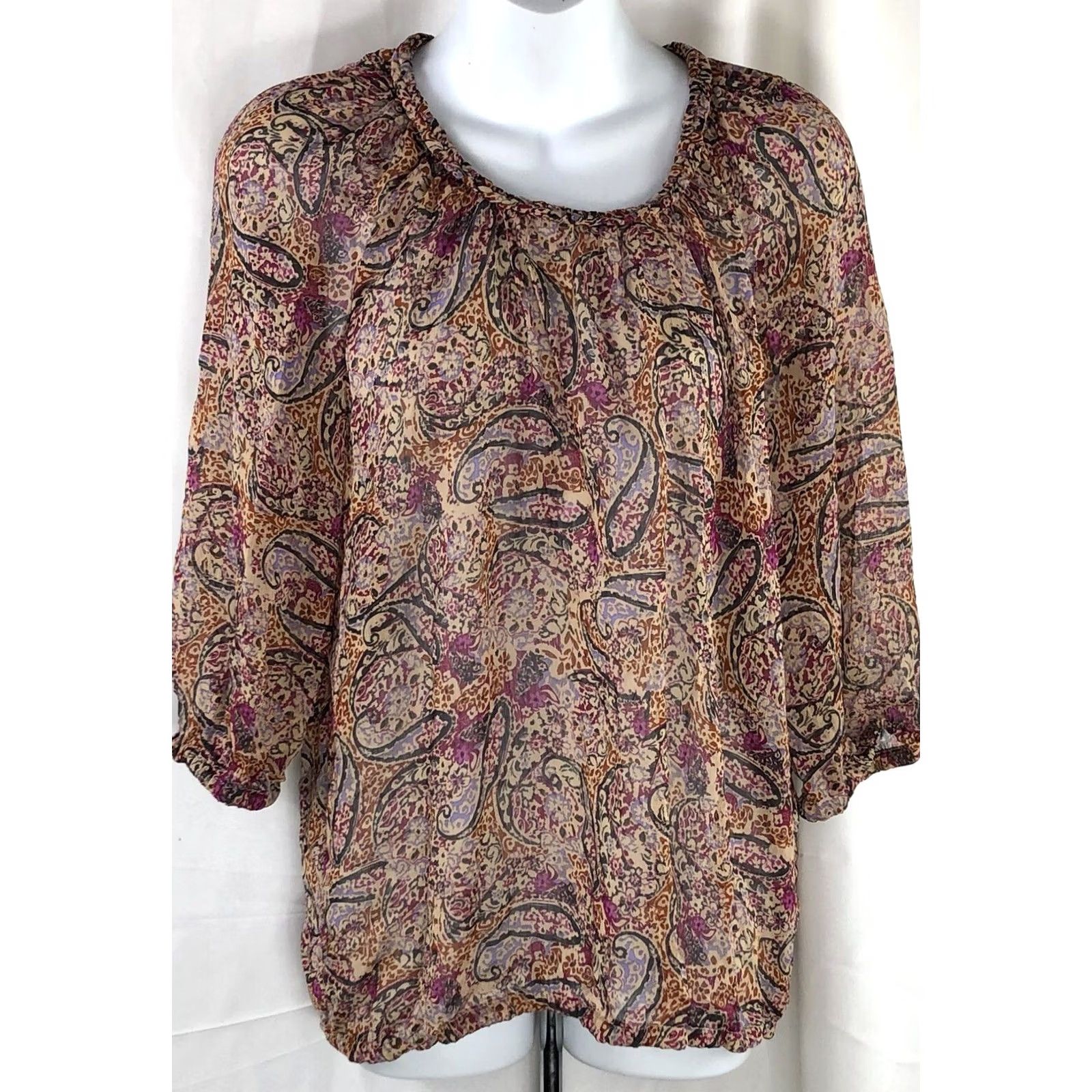 Faded Glory Faded Glory Chiffon Flowy Top Tan Red Multi Paisley Peasant LongSleeve Boho Size S / US 4 / IT 40 - 5 Thumbnail