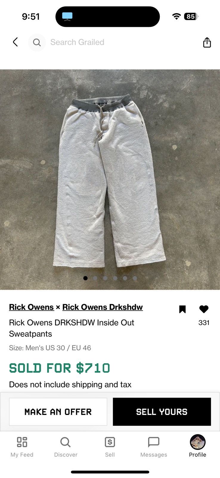 Rick Owens FW/20 Inside out DRKSHDW Wide Leg Sweatpants Size US 30 / EU 46 - 9 Thumbnail