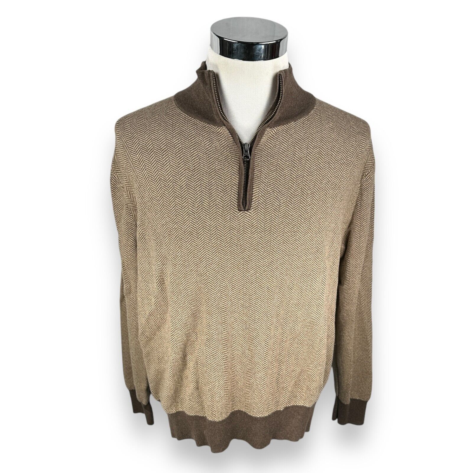 J.Crew J.Crew 1/4 Zip Sweater Men’s Large Brown Tan Herringbone Size US L / EU 52-54 / 3 - 1 Thumbnail