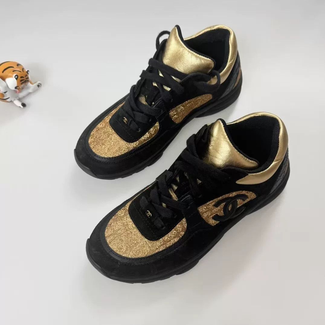 Chanel Chanel Black Gold Logo Sneakers Size US 6 / IT 36 - 1 Thumbnail