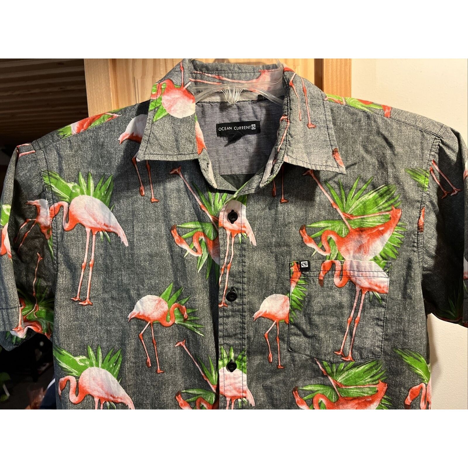 Ocean Current Ocean Current Men’s S Gray Flamingo SS Cotton Hawaiian Shirt Size US S / EU 44-46 / 1 - 4 Thumbnail