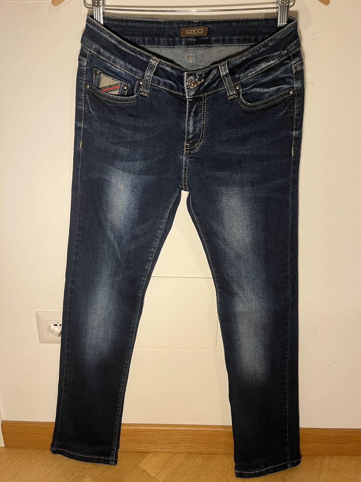 Gucci Gucci Blue Denim Slim-Fit Jeans Signature IT & Leather Detal Size 26" / US 2 / IT 38 - 1 Thumbnail