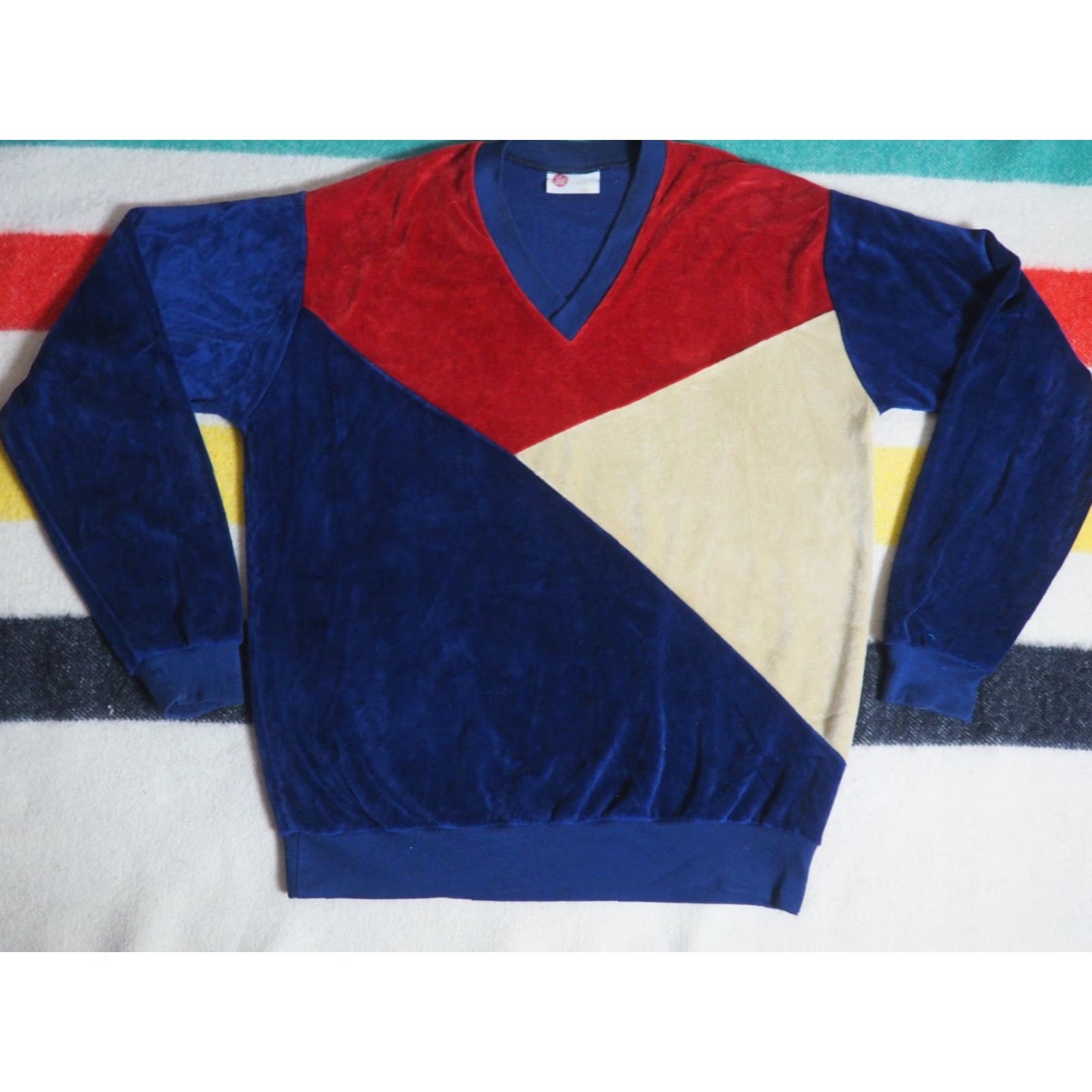 Sears VTG Sears Velvet Pullover Sweater - 70s Kings Road Blue Brown Velour V-Neck XL Mens Vintage Geometric Hippie Knit Christmas Casual Size US XL / EU 56 / 4 - 2 Thumbnail