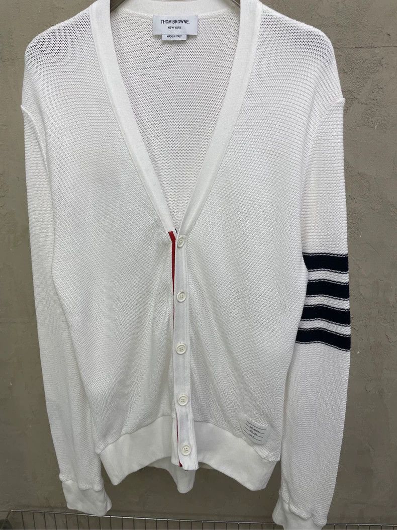 Thom Browne Thom browne White four-stripe knitted cardigan jacket 2504- Size US XL / EU 56 / 4 - 3 Thumbnail