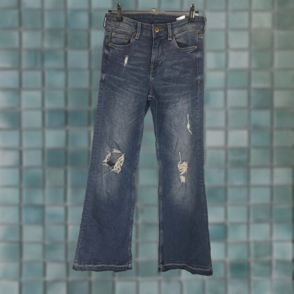 H&M H&M Womens Flare Jeans Distressed Blue Denim Size 25X30 Regular Rise Mid 28 Inseam 5-Pocket Belt Loops Zipper Button Cuff 26 In Waist Blue Size 42" / US 20 - 1 Thumbnail