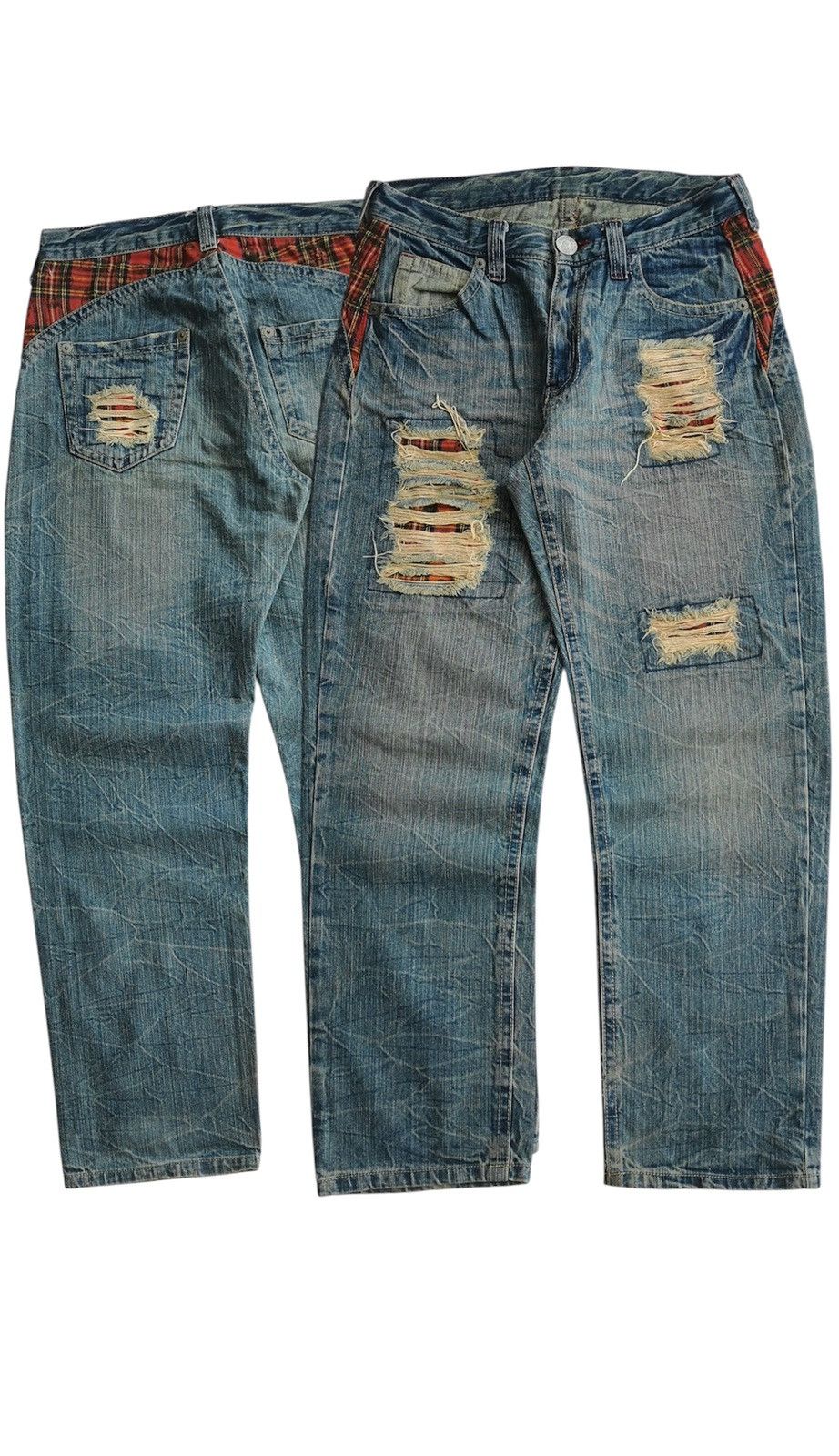 Seditionaries Skull Red Tartan Patchwork Tapered Denim Jeans Size US 30 / EU 46 - 1 Thumbnail