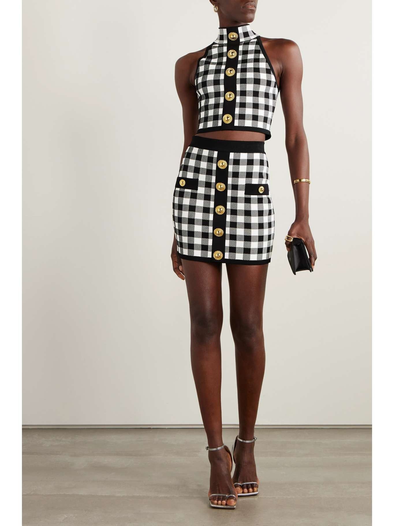 Balmain o1s1wg110825 Embellished Knit Mini Skirt in Black/White Size 28" / US 6 / IT 42 - 2 Thumbnail