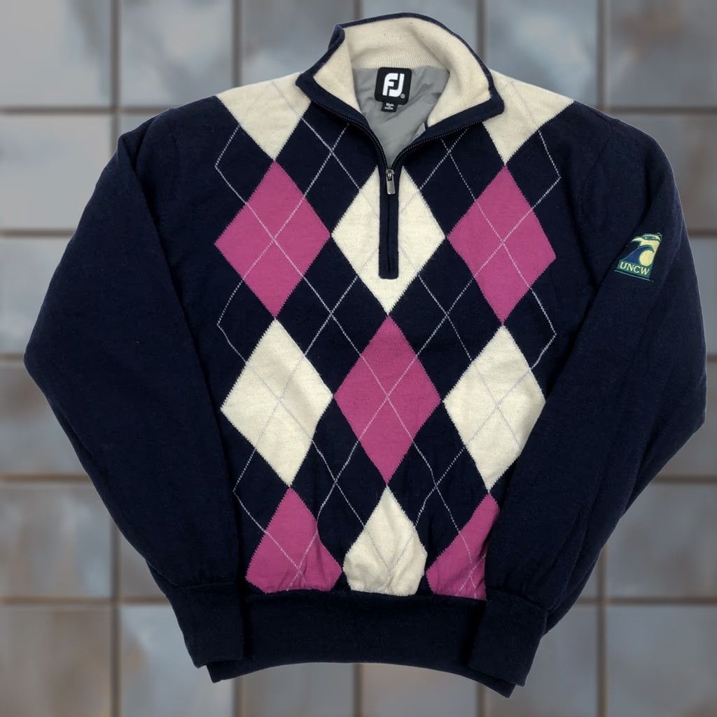 Footjoy FootJoy FJ Men's S Argyle 1/4 Zip Sweater Navy Blue Pink Lined Wool Golf UNCW Size US S / EU 44-46 / 1 - 1 Thumbnail