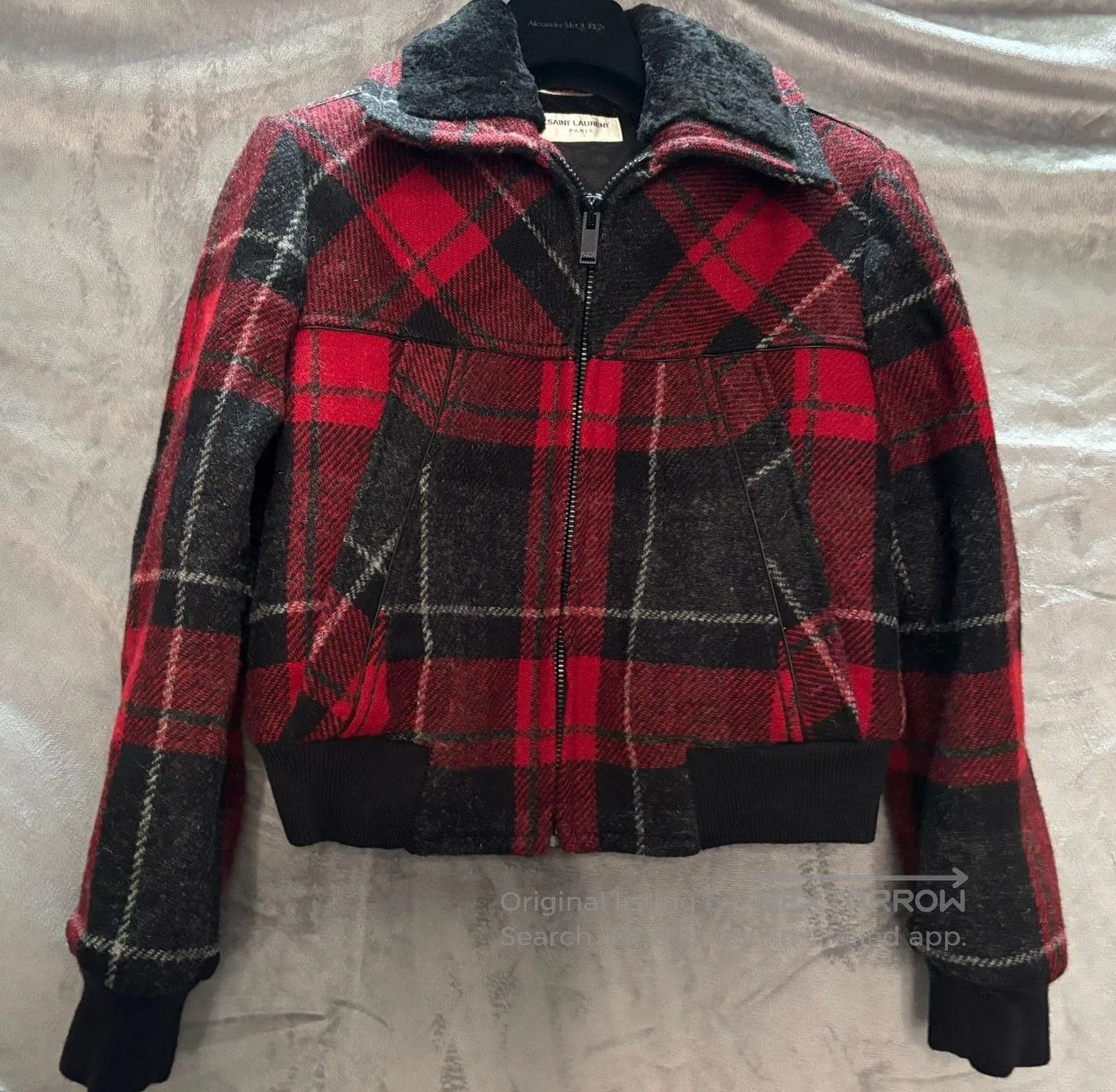 Saint Laurent Paris YSL Red Black Plaid Fur Collar Jacket. Size M / US 6-8 / IT 42-44 - 1 Thumbnail