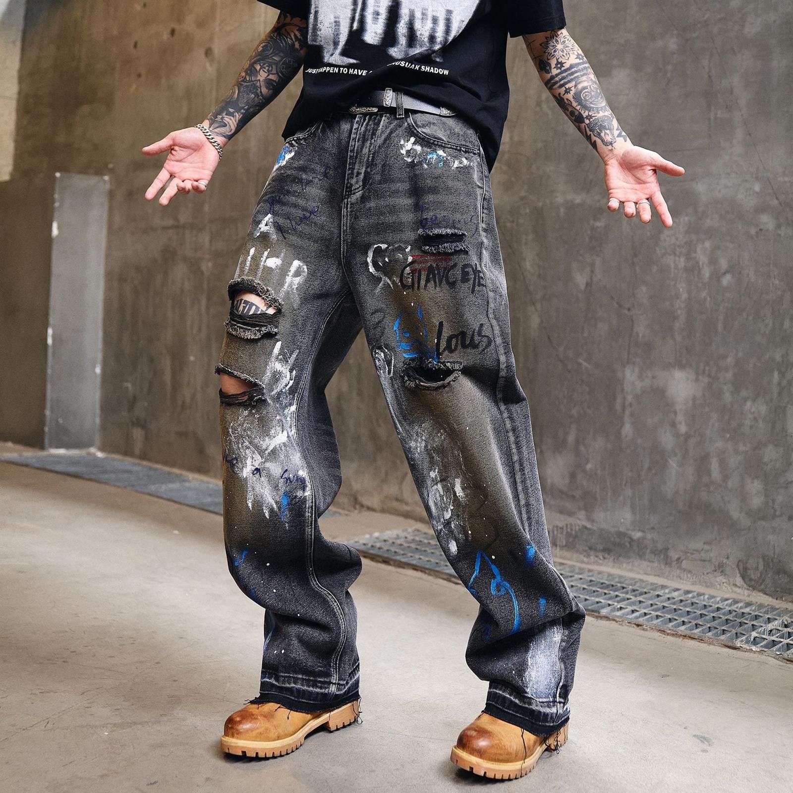 Japanese Brand Light Blue Graffiti Distressed Baggy Jeans, Loose Fit Denim Size US 30 / EU 46 - 5 Thumbnail