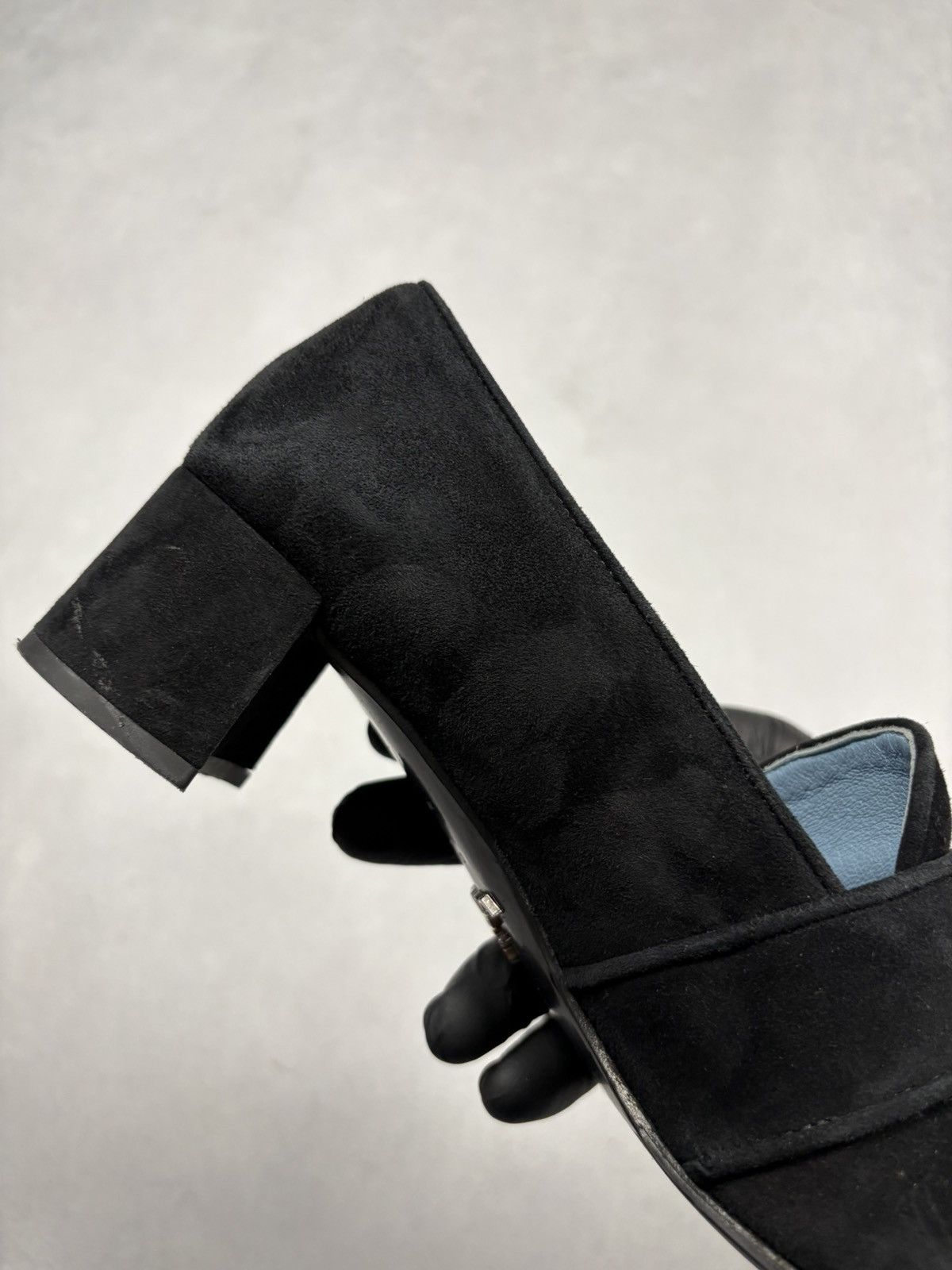 Prada Prada Milano Suede Logo Strap Block Heel Loafers Black 38.5 Size US 8.5 / IT 38.5 - 22 Thumbnail