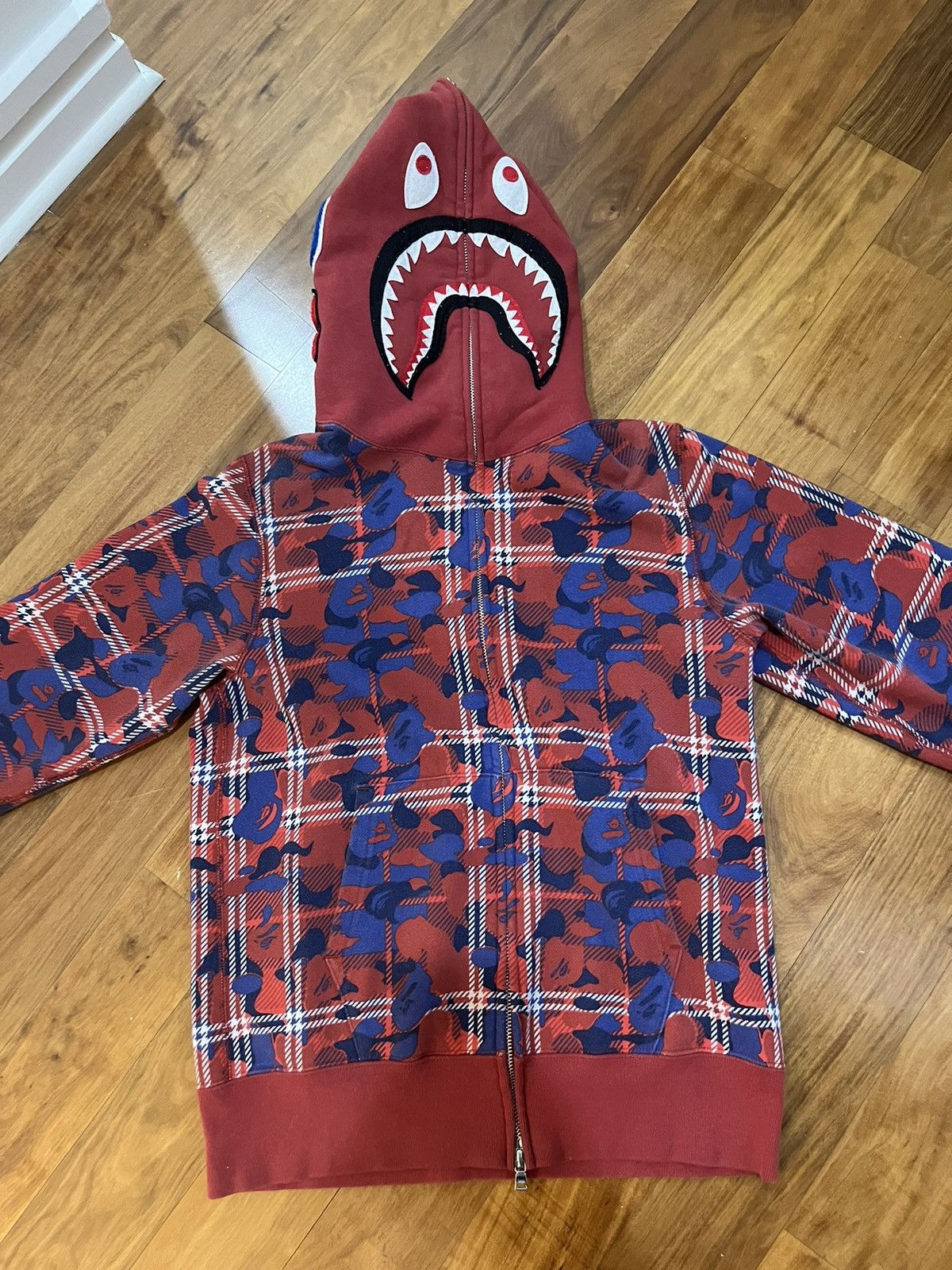 image of Bape Check Camo Shark Full Zip Hoodie in Red, Men's (Size Small)