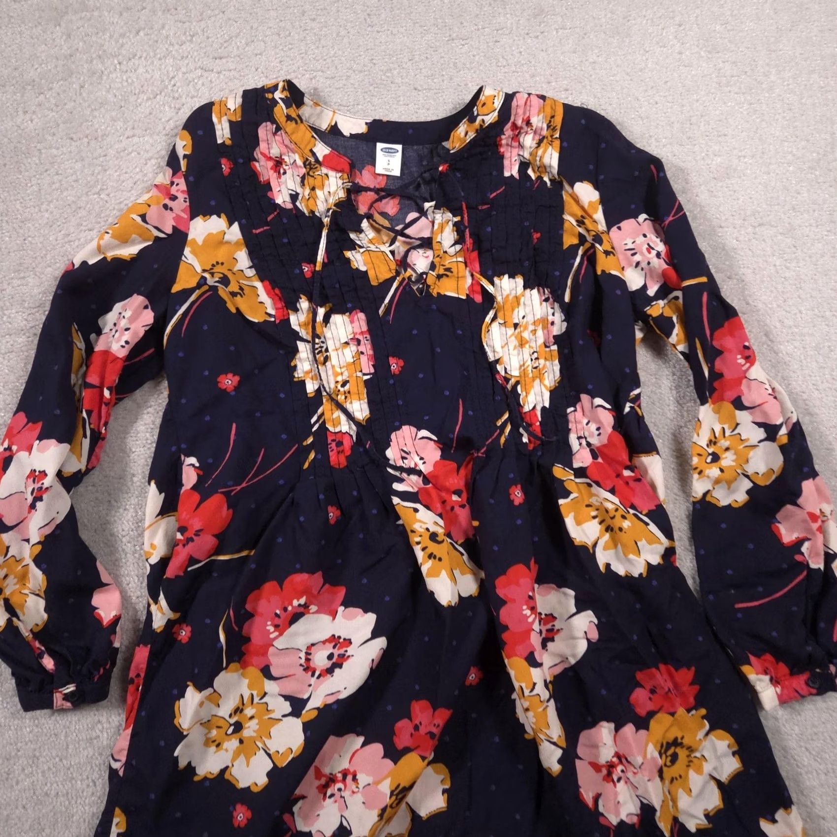 Old Navy VINTAGE Old Navy Dress Womens Small Navy Floral Boho Long Sleeve Pleated Shift Tunic Size S / US 4 / IT 40 - 3 Thumbnail