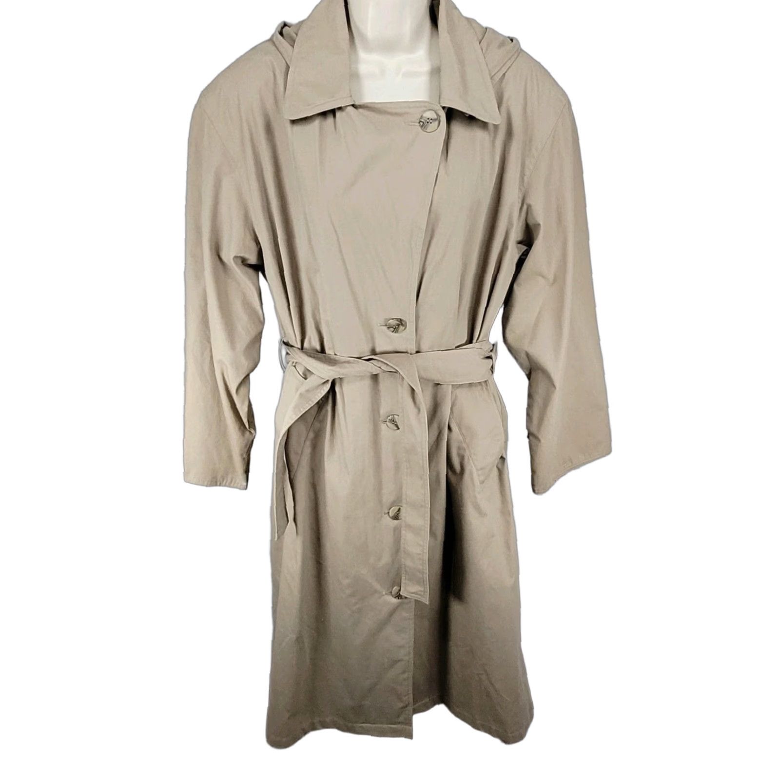 VINTAGE Preswick & Moore Brown Belted Buttoned Trench Coat Size 12 Womens, Long Sleeve, Removable Hood, Classic City Style