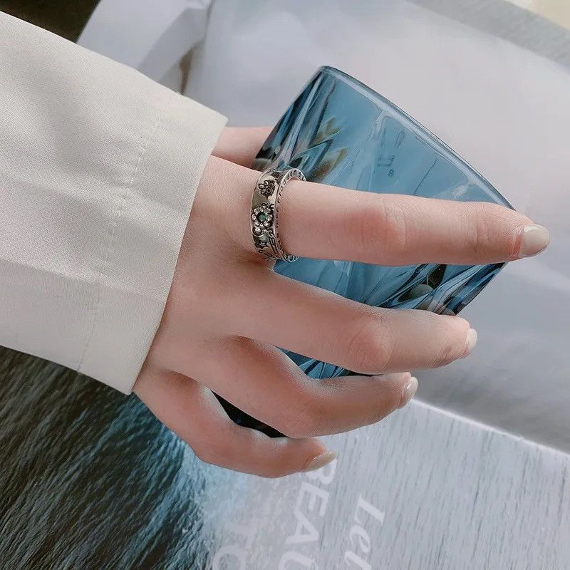 Jewelry × Vintage 925 Sterling Silver Flower Green Crystal Woman Rings Size ONE SIZE - 2 Thumbnail