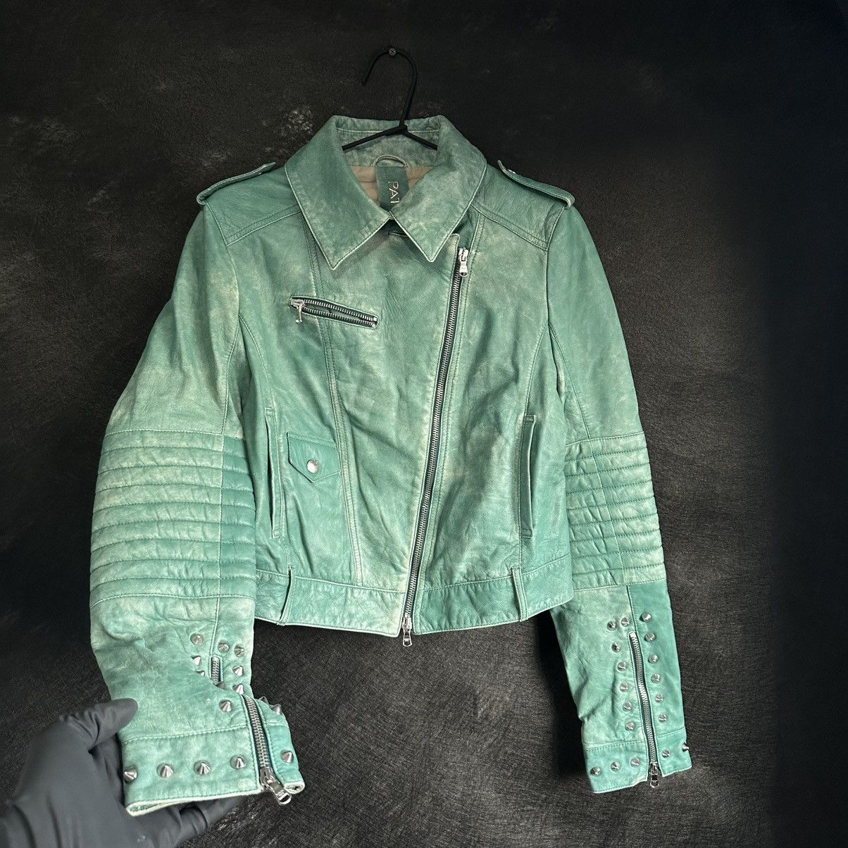 Patrizia Pepe Patrizia Pepe Leather Jacket Green Cropped Biker Studded Size M / US 6-8 / IT 42-44 - 2 Thumbnail