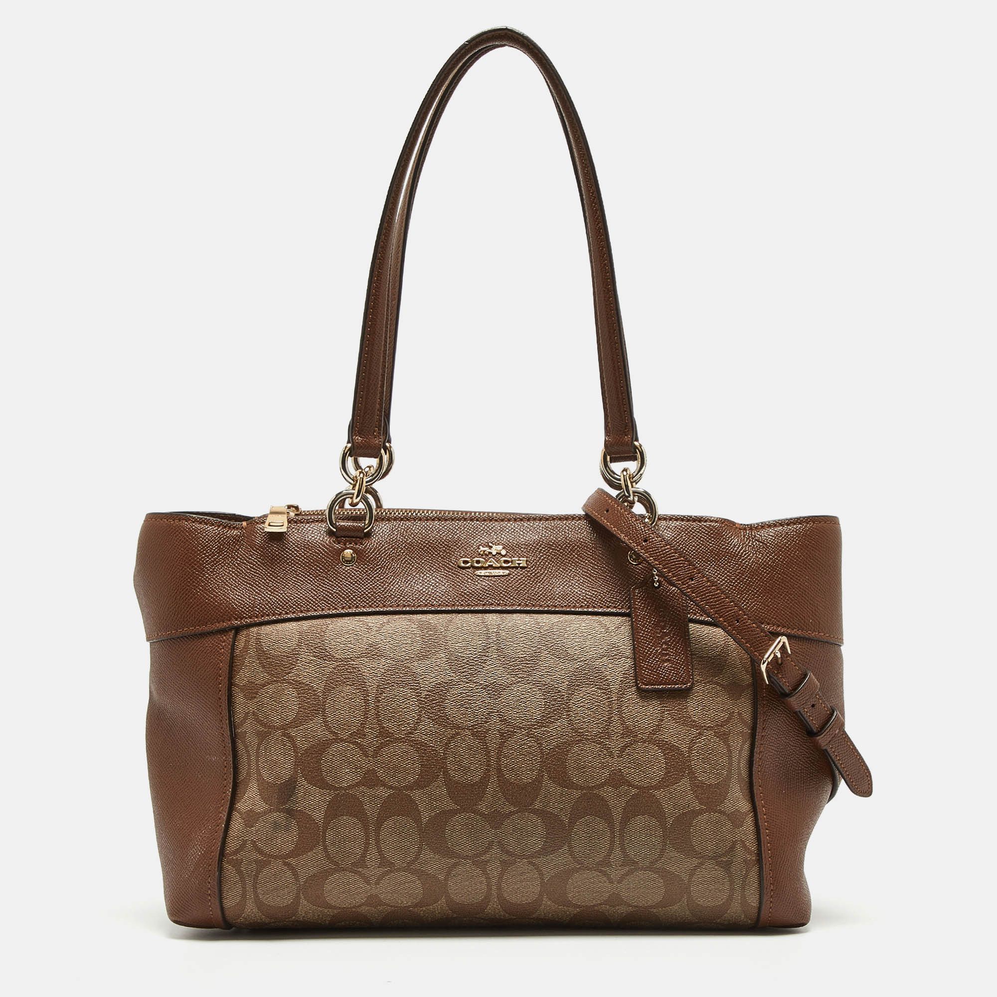 image of Coach Brown/beige Signature Coated Canvas And Leather Brooke Satchel, Women's