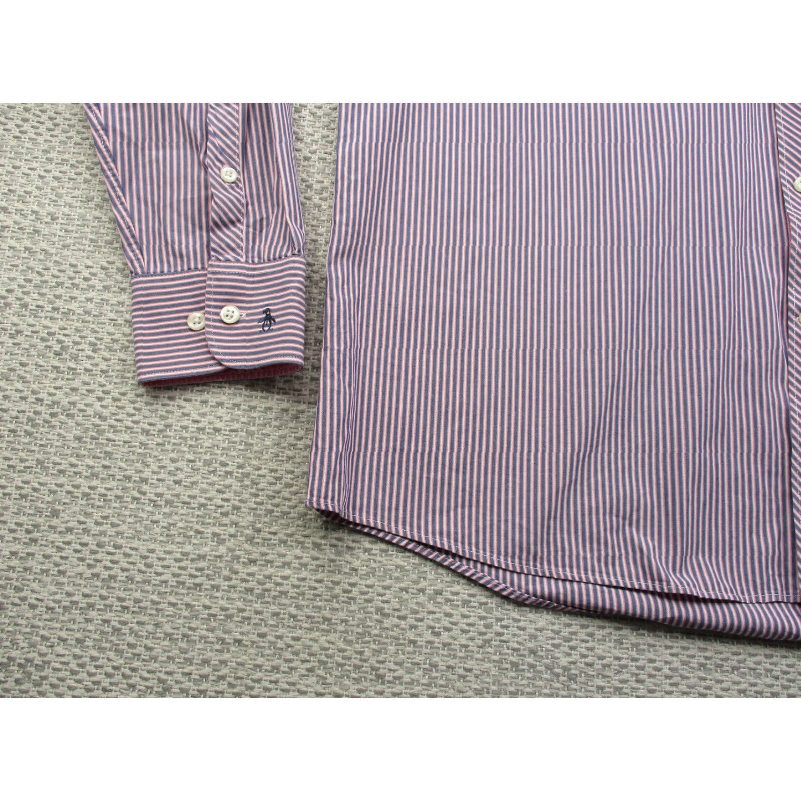 Vintage Penguin Munsingwear Shirt Mens Large Slim Fit Long Sleeve Pink Blue Striped Dress Shirt Size 46R - 3 Thumbnail