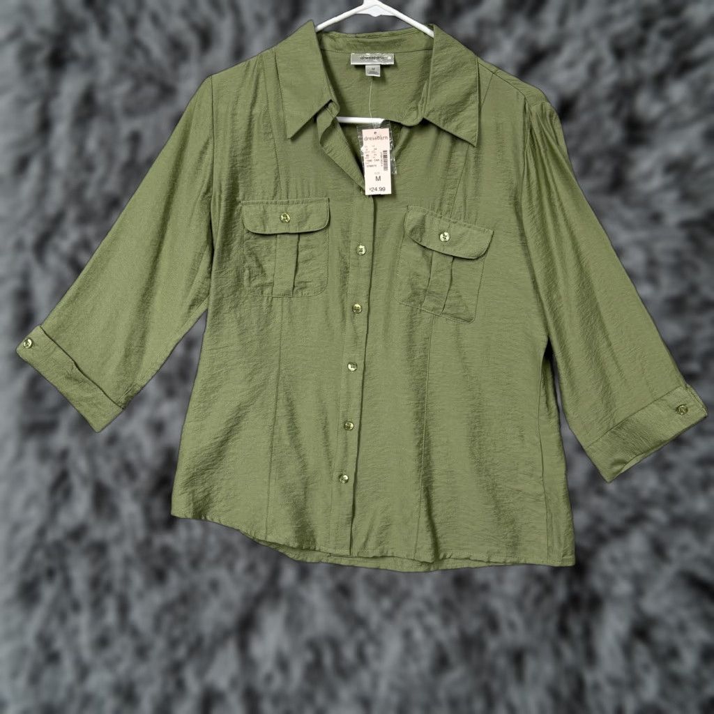 Vintage Dressbarn Button-Up Shirt Womens M Green 3/4 Sleeve Solid Casual Business Preppy Rayon Nylon Collared NWT Size M / US 6-8 / IT 42-44 - 1 Thumbnail