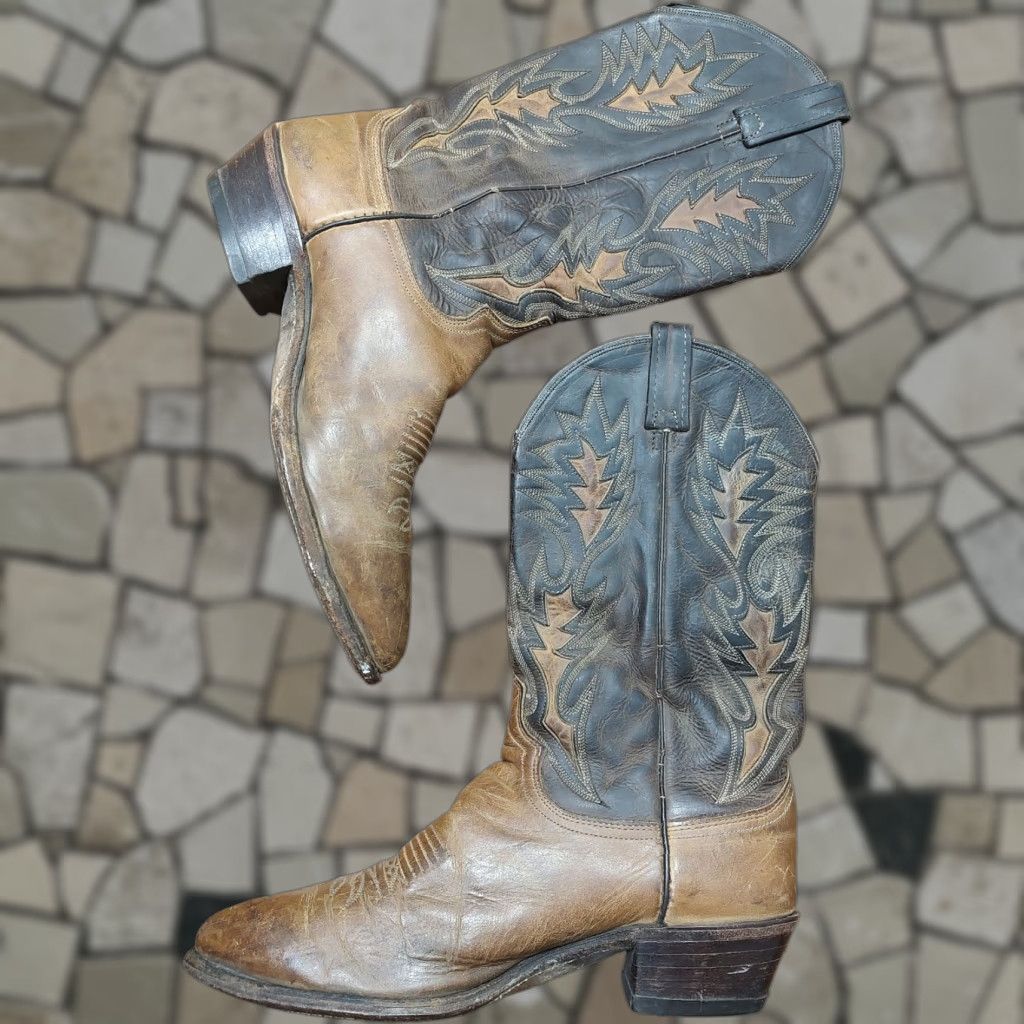 Dan Post VINTAGE Dan Post Boots Western Cowboy Leather Inlay Embroidered 10 D Black Brown Mid-Calf USA Men’s Western Boots Size US 10 / EU 43 - 1 Thumbnail