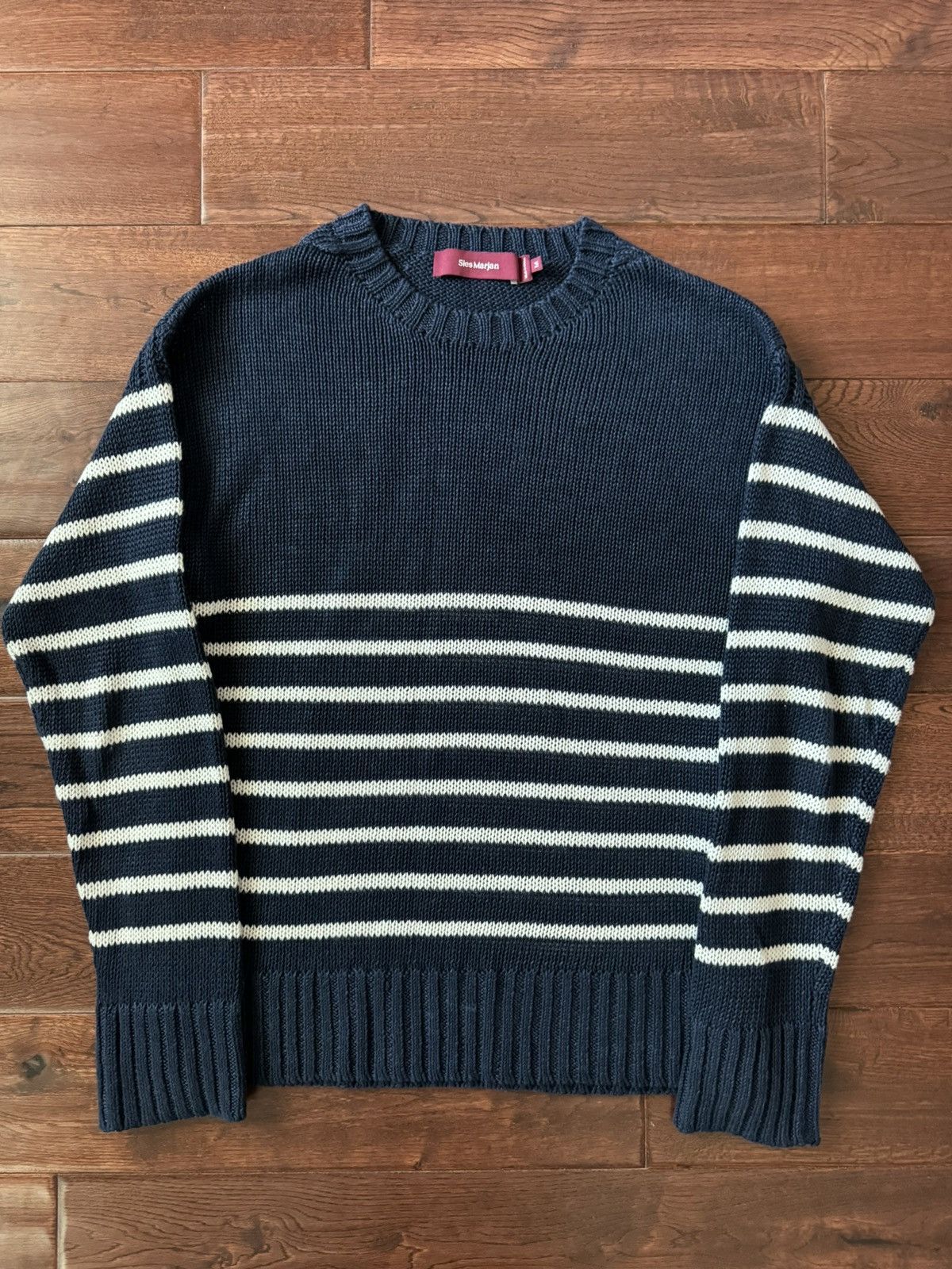 image of Sies Marjan Navy + White Striped Linen Sweater, Men's (Size Medium)