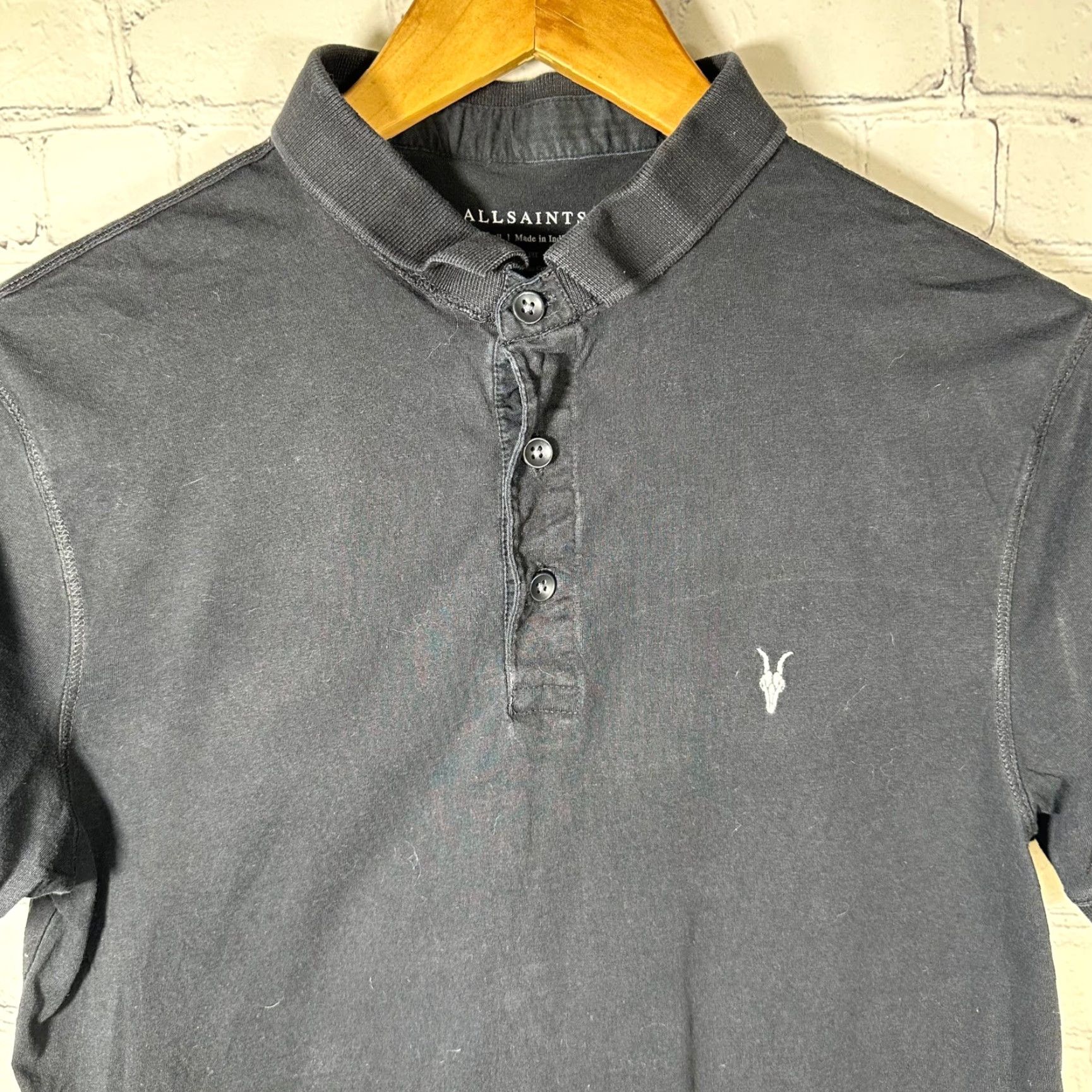 Allsaints AllSaints Ramskull Logo Band Collar Polo Shirt Black Short Sleeve Mens Small Slim Size US S / EU 44-46 / 1 - 2 Thumbnail
