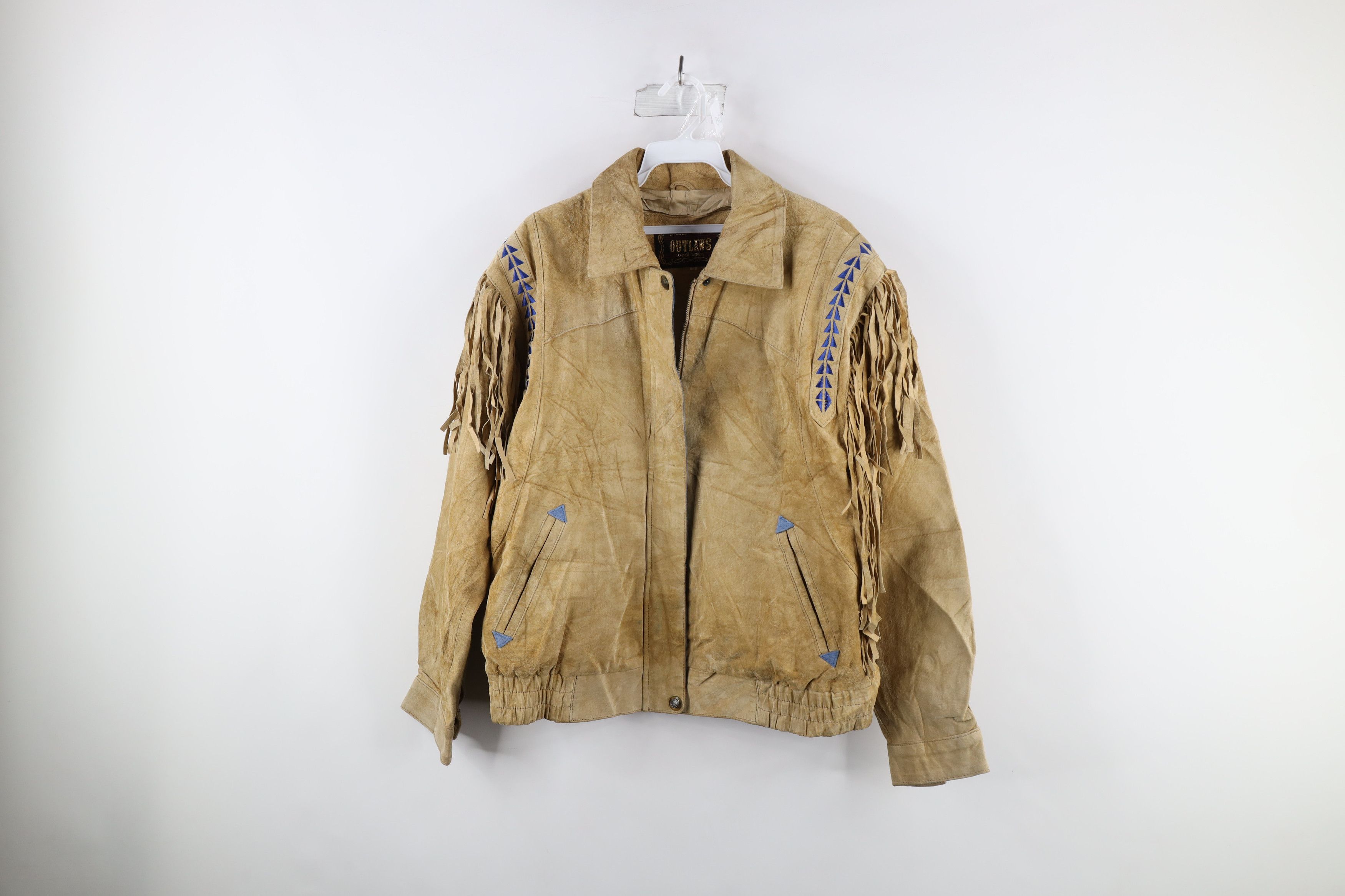 Image of Vintage 90's Rockabilly Western Fringed Leather Jacket in Beige, Women's (Size Small)